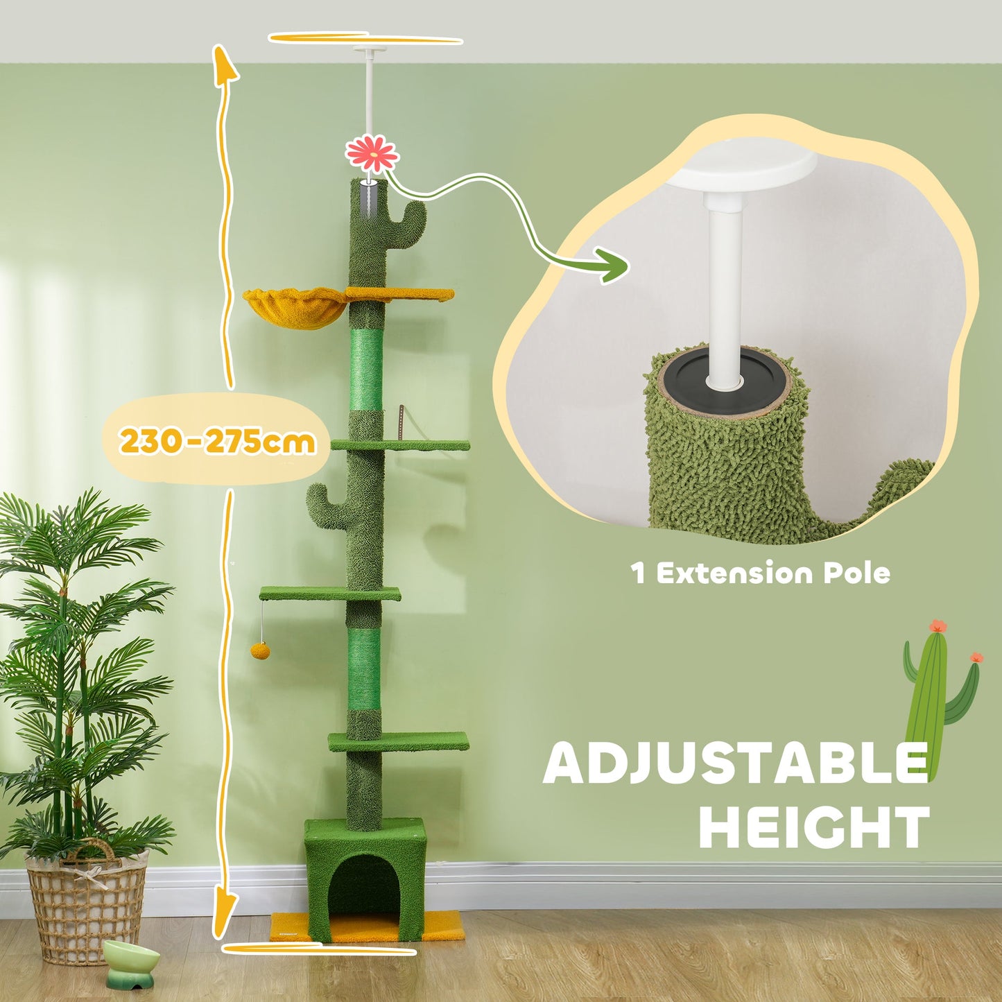 Floor-to-Ceiling Cat Tree, 230-275cm Height Adjustable Cat Tower, 6-Level Activity Centre for Indoor Cats with Scratching Posts, Cat House, Hammock, Toy Ball, Green