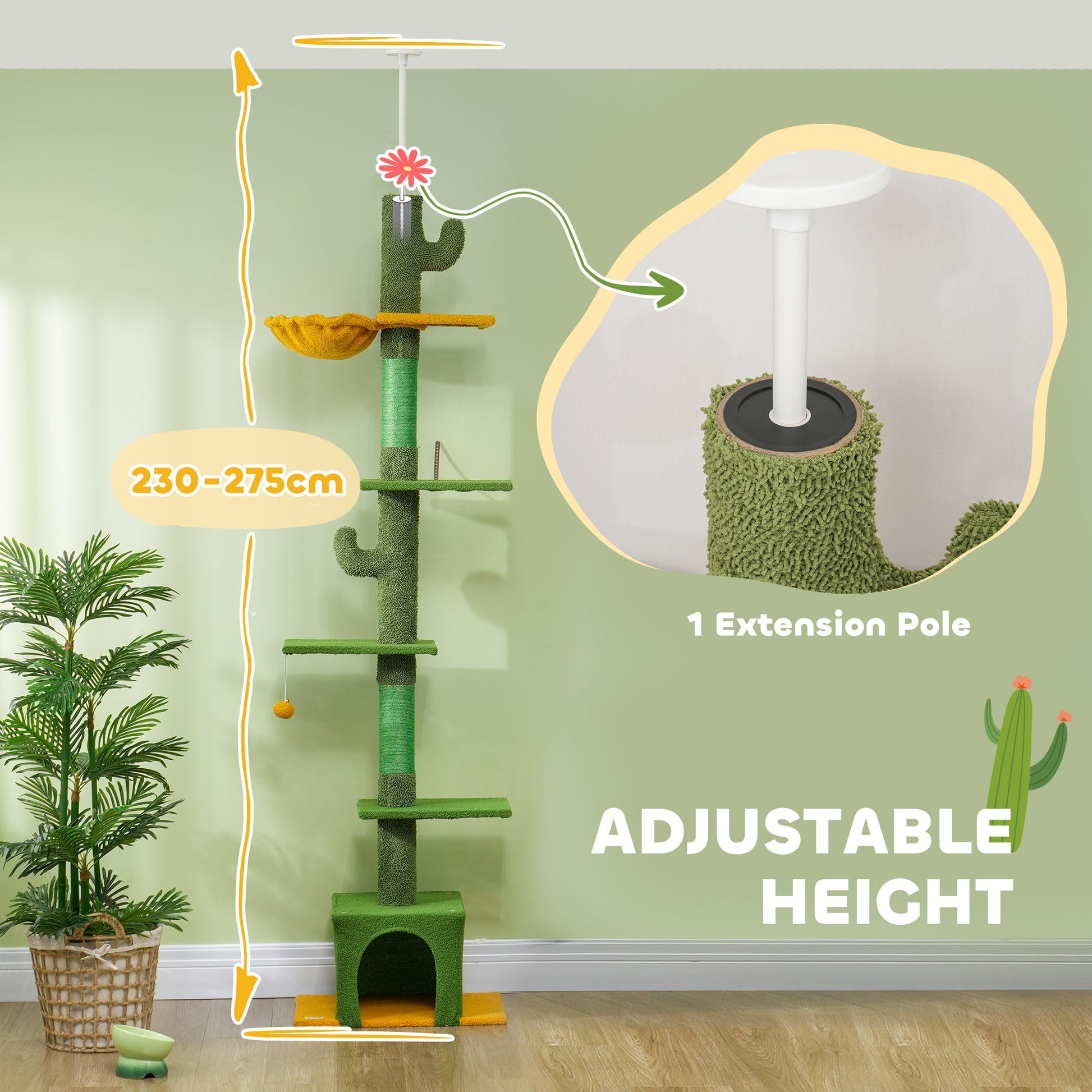 Floor-to-Ceiling Cat Tree, 230-275cm Height Adjustable Cat Tower, 6-Level Activity Centre for Indoor Cats with Scratching Posts, Cat House, Hammock, Toy Ball, Green