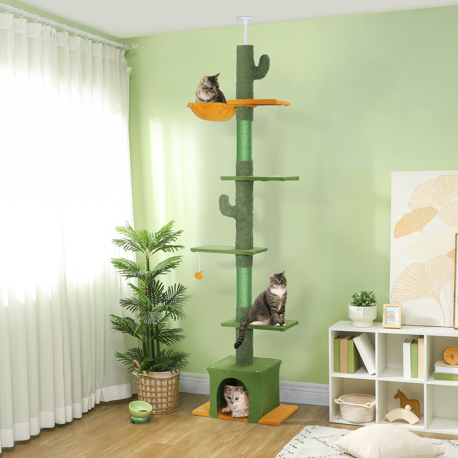 Floor-to-Ceiling Cat Tree, 230-275cm Height Adjustable Cat Tower, 6-Level Activity Centre for Indoor Cats with Scratching Posts, Cat House, Hammock, Toy Ball, Green