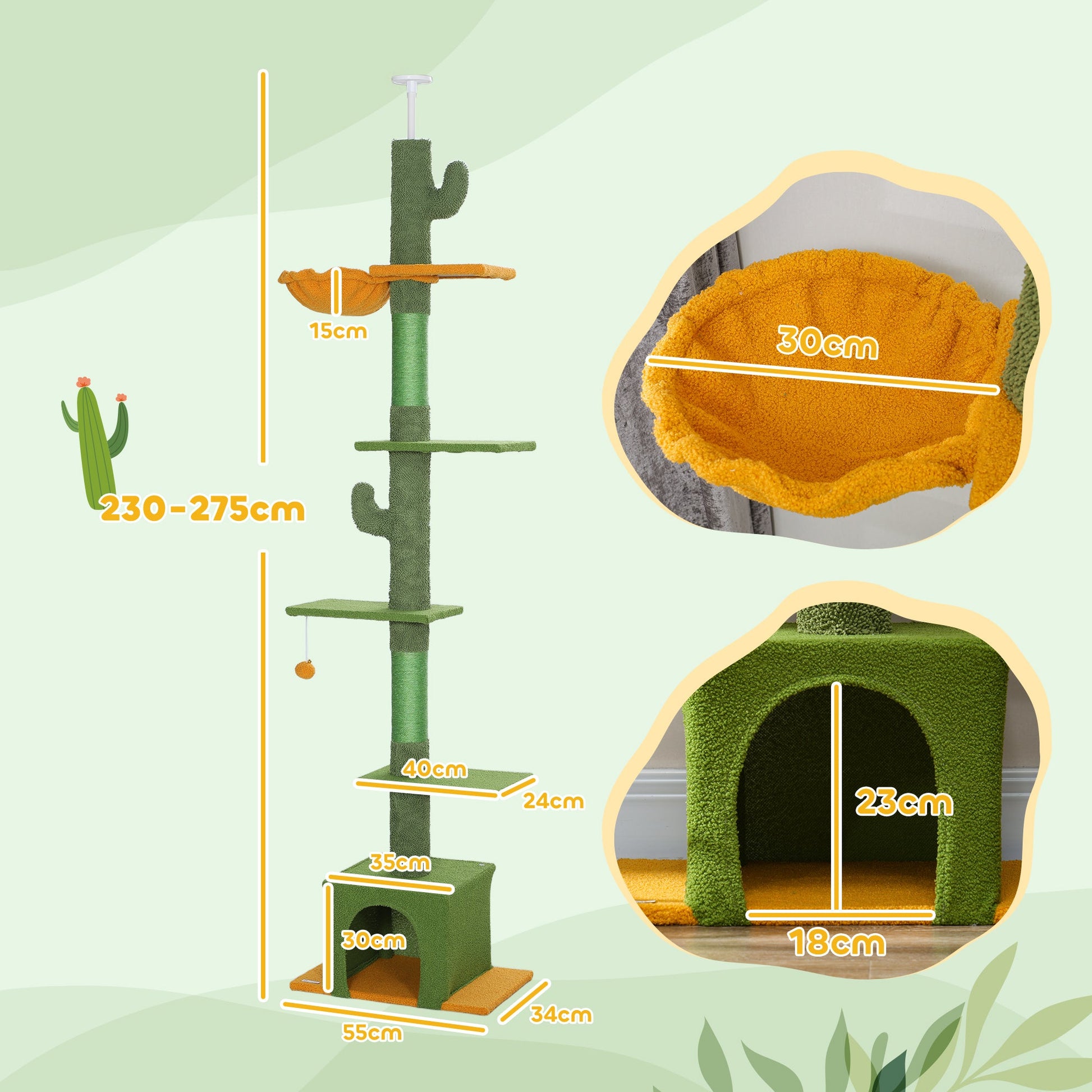 Floor-to-Ceiling Cat Tree, 230-275cm Height Adjustable Cat Tower, 6-Level Activity Centre for Indoor Cats with Scratching Posts, Cat House, Hammock, Toy Ball, Green