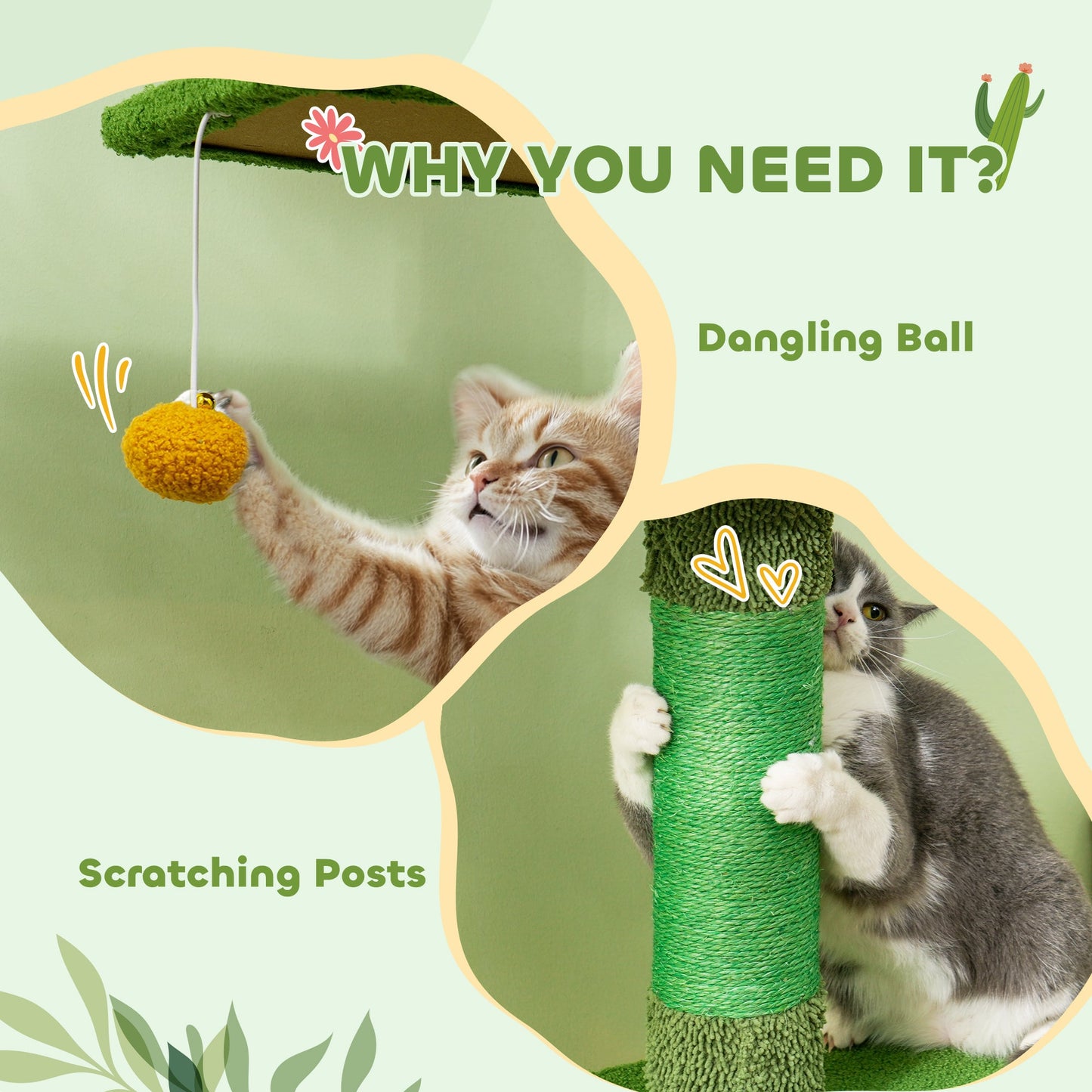 Floor-to-Ceiling Cat Tree, 230-275cm Height Adjustable Cat Tower, 6-Level Activity Centre for Indoor Cats with Scratching Posts, Cat House, Hammock, Toy Ball, Green