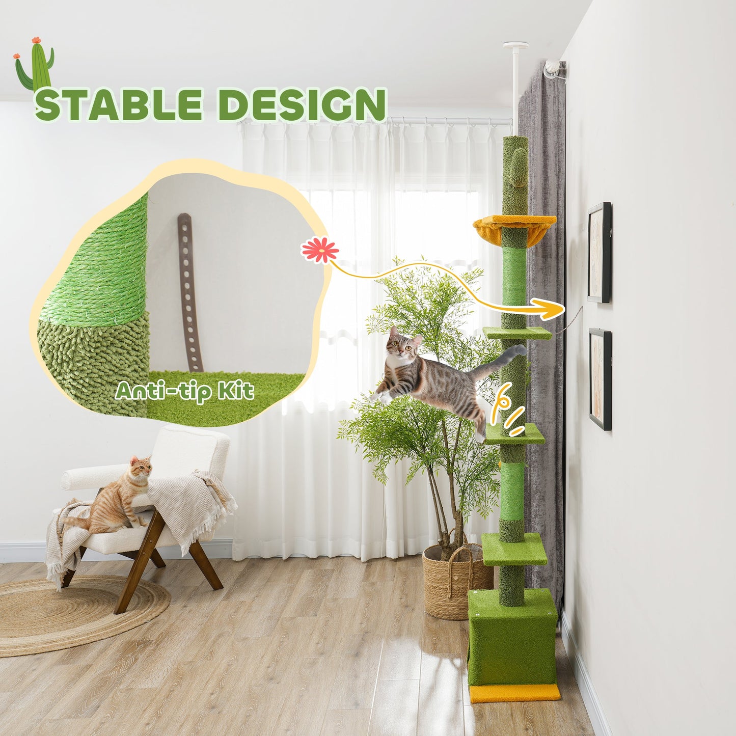 Floor-to-Ceiling Cat Tree, 230-275cm Height Adjustable Cat Tower, 6-Level Activity Centre for Indoor Cats with Scratching Posts, Cat House, Hammock, Toy Ball, Green