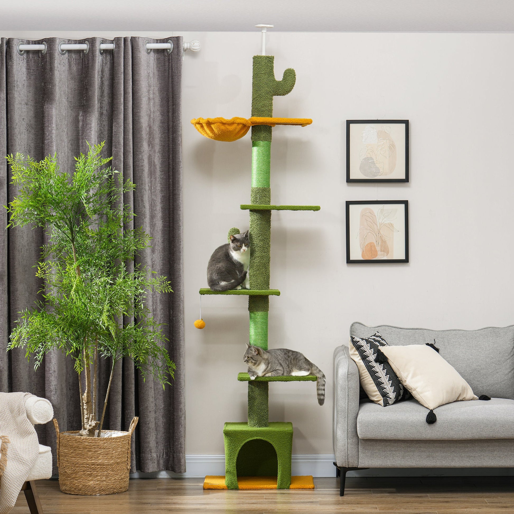 Floor-to-Ceiling Cat Tree, 230-275cm Height Adjustable Cat Tower, 6-Level Activity Centre for Indoor Cats with Scratching Posts, Cat House, Hammock, Toy Ball, Green