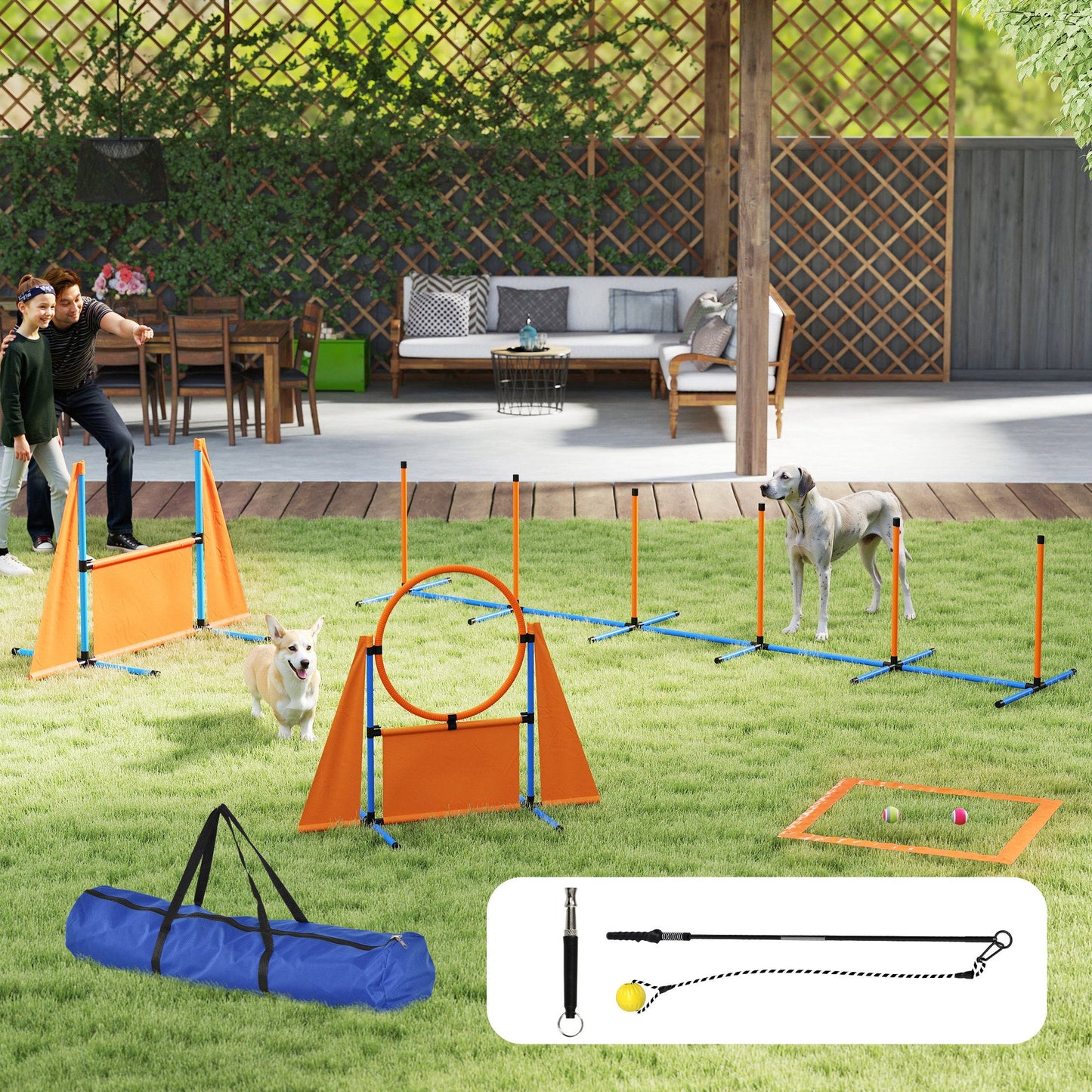 Dog Agility Equipment, 7-Piece Pet Agility Training Set with Weave Poles, Jump Ring, Hurdle, Pause Box, Bag, Obstacle Training Course Kit, Orange