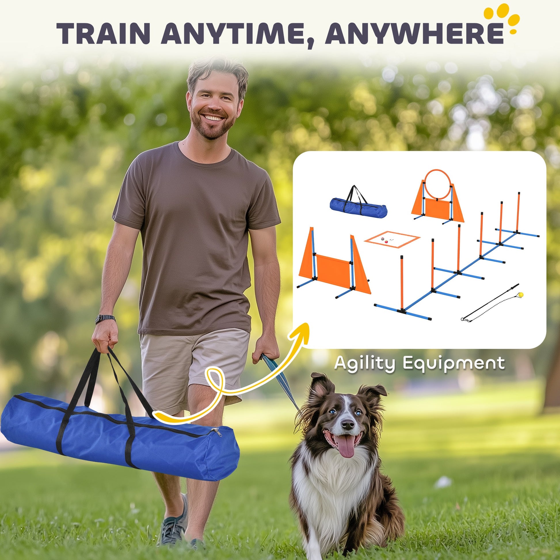 Dog Agility Equipment, 7-Piece Pet Agility Training Set with Weave Poles, Jump Ring, Hurdle, Pause Box, Bag, Obstacle Training Course Kit, Orange