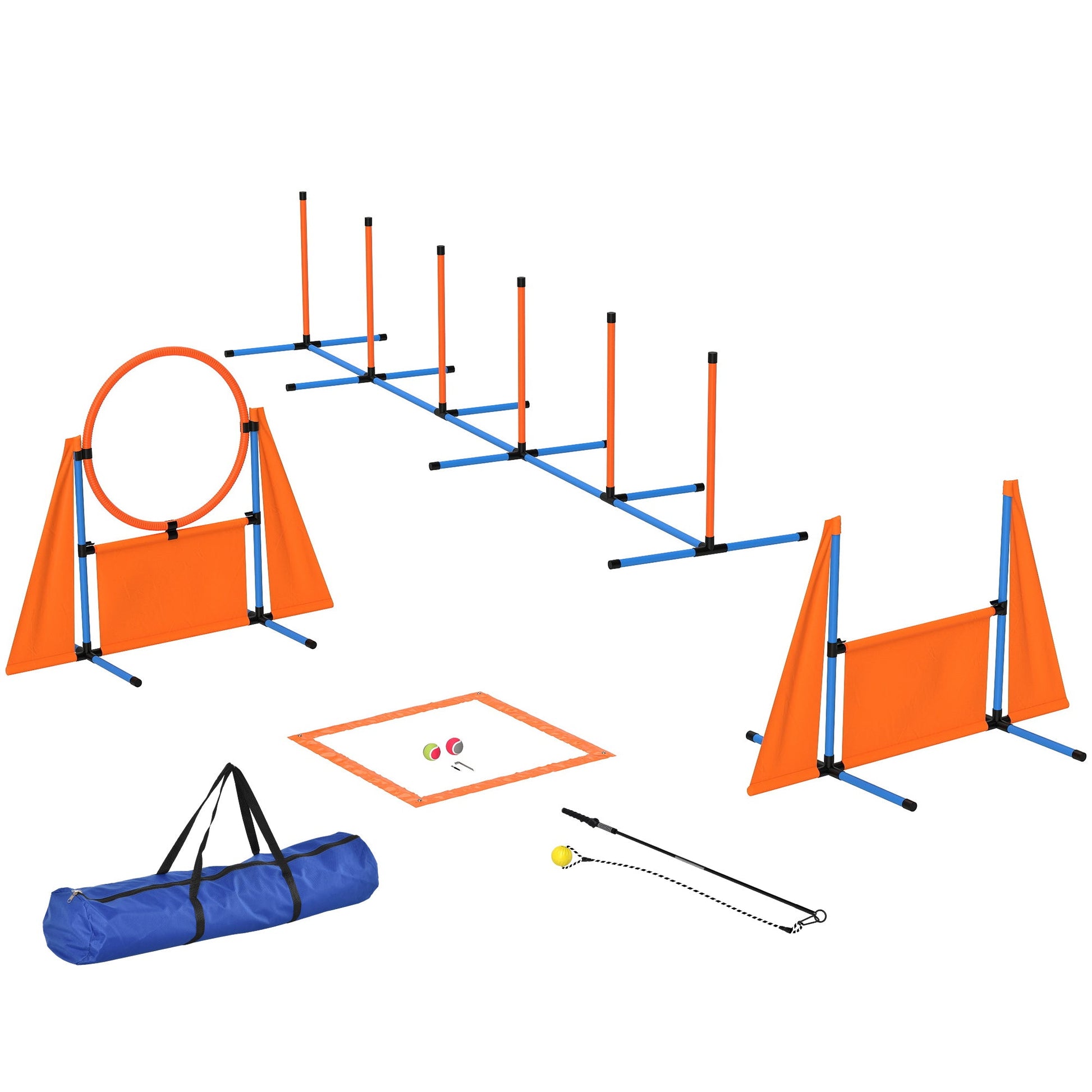 Dog Agility Equipment, 7-Piece Pet Agility Training Set with Weave Poles, Jump Ring, Hurdle, Pause Box, Bag, Obstacle Training Course Kit, Orange