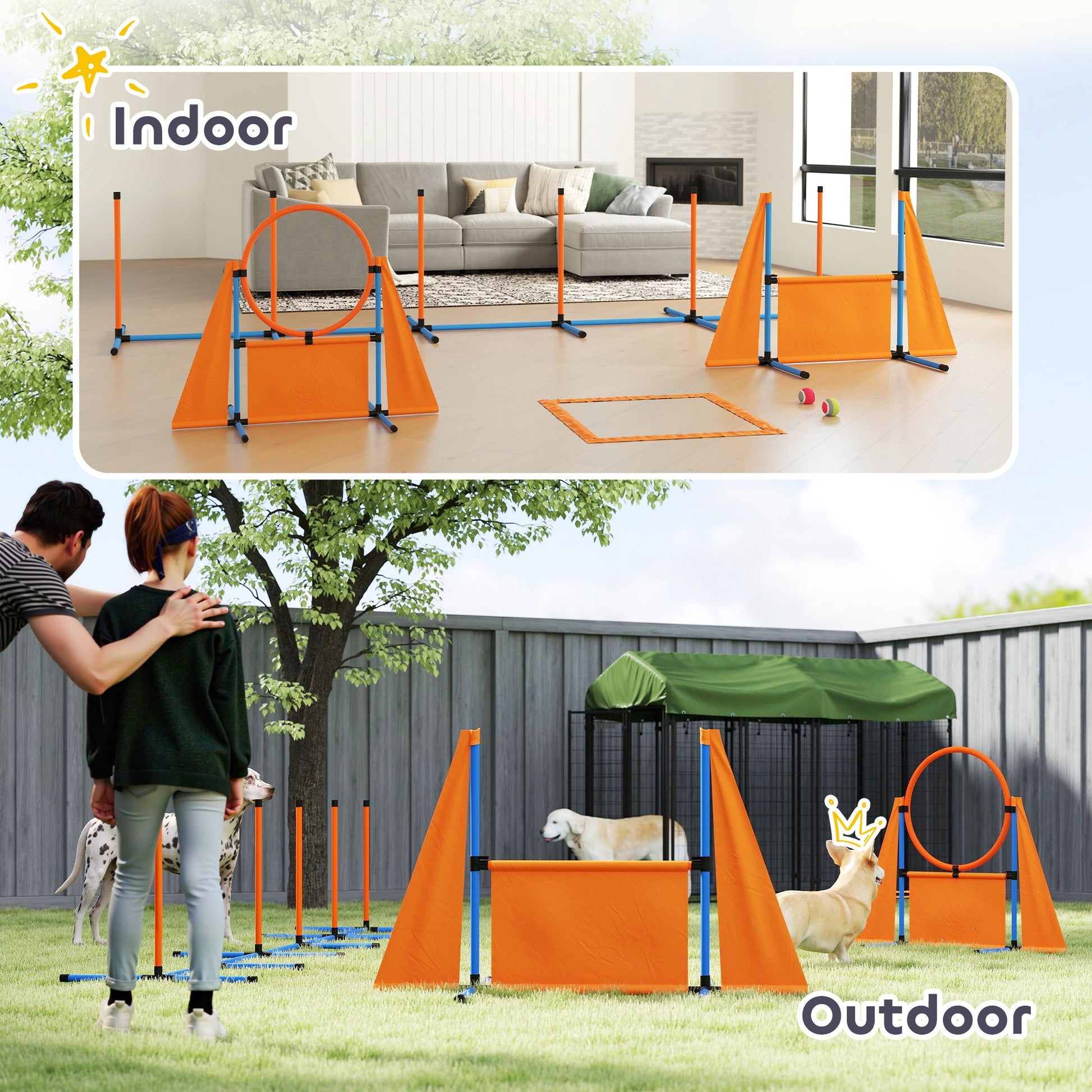Dog Agility Equipment, 7-Piece Pet Agility Training Set with Weave Poles, Jump Ring, Hurdle, Pause Box, Bag, Obstacle Training Course Kit, Orange