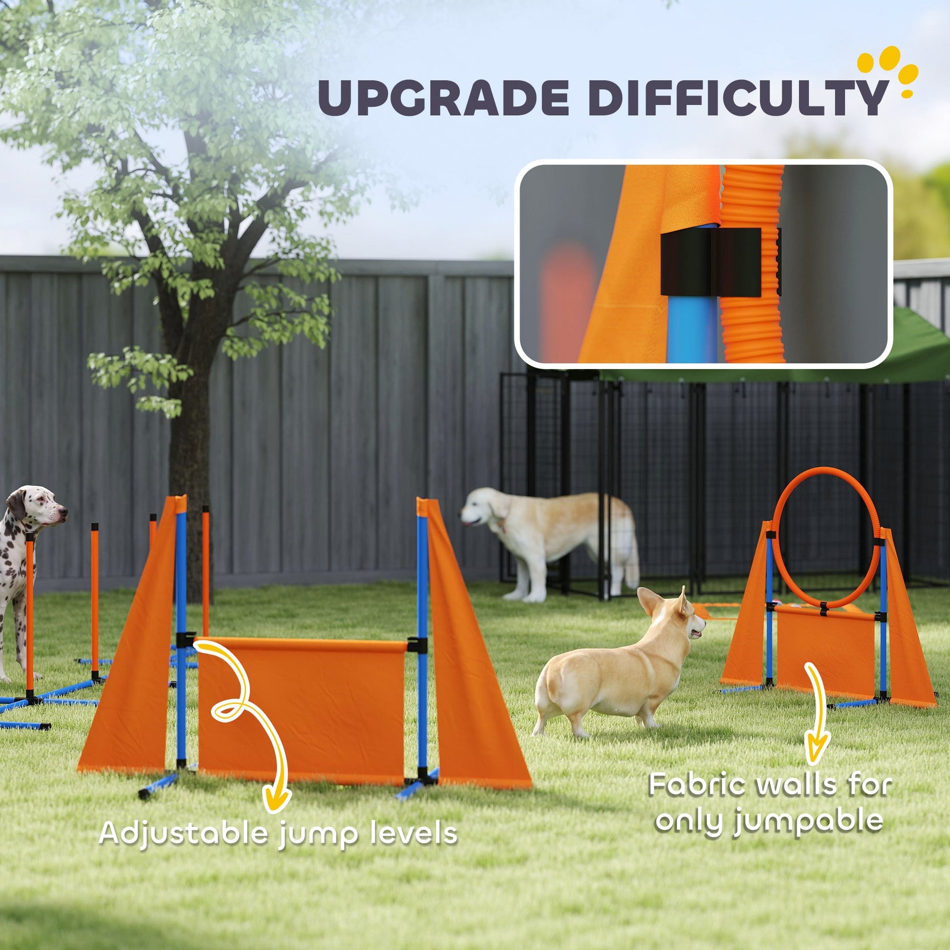 Dog Agility Equipment, 7-Piece Pet Agility Training Set with Weave Poles, Jump Ring, Hurdle, Pause Box, Bag, Obstacle Training Course Kit, Orange