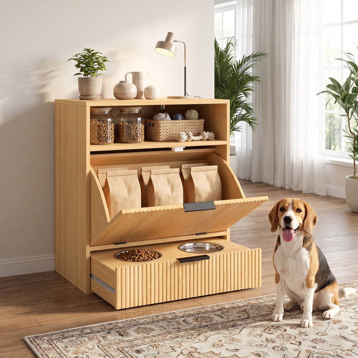 Pet Feeder Station with Storage, Dog Food Storage Container w/ 2 Raised Stainless Steel Bowls, Tilt Out Cabinet, Slow Feeder Mat for Water & Food, Pet Feeding Station for Small Medium, Oak