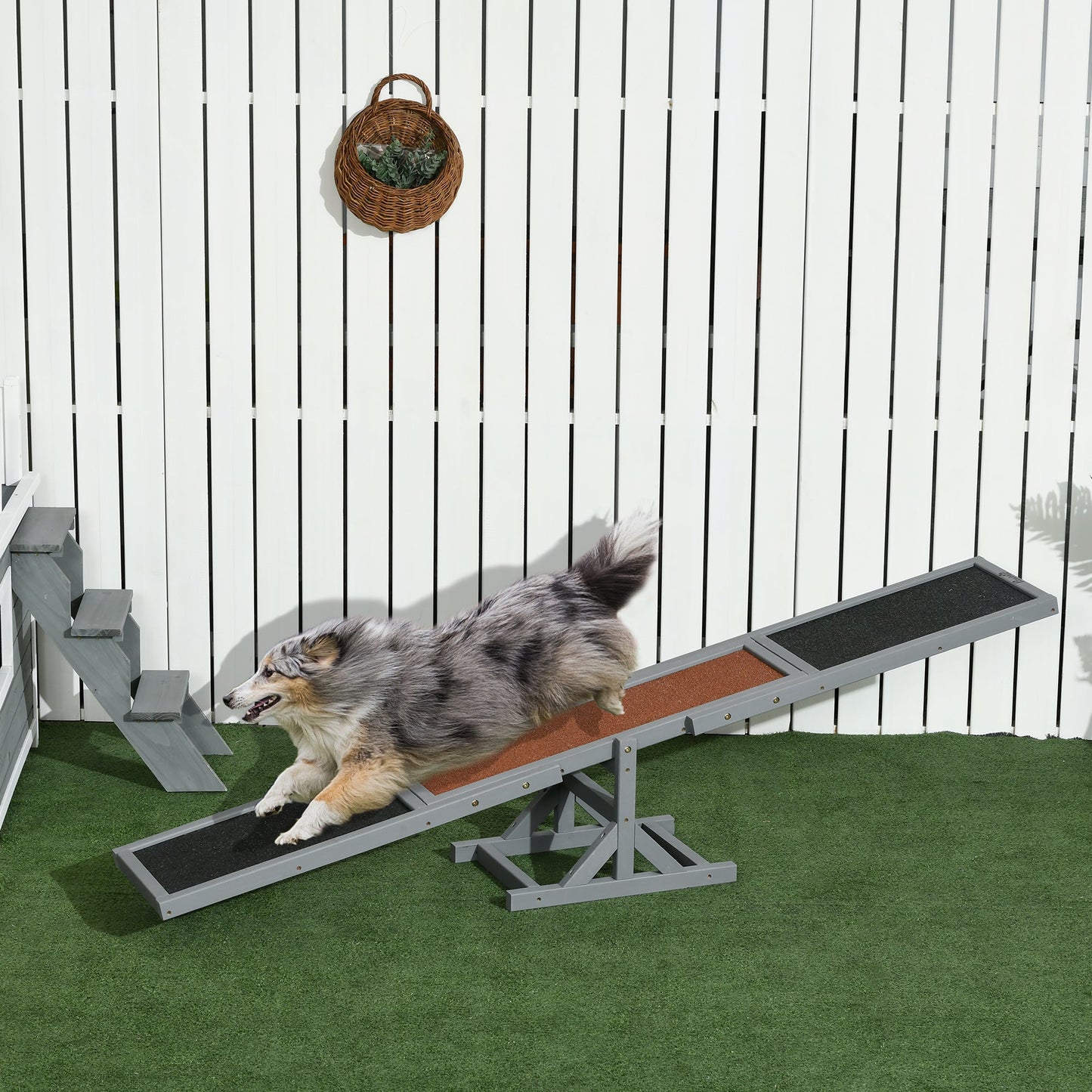 Wooden Pet Seesaw for Big Dogs, Agility Training Equipment for Dogs with Anti-Slip surface, 180 x 30 x 30cm - Grey