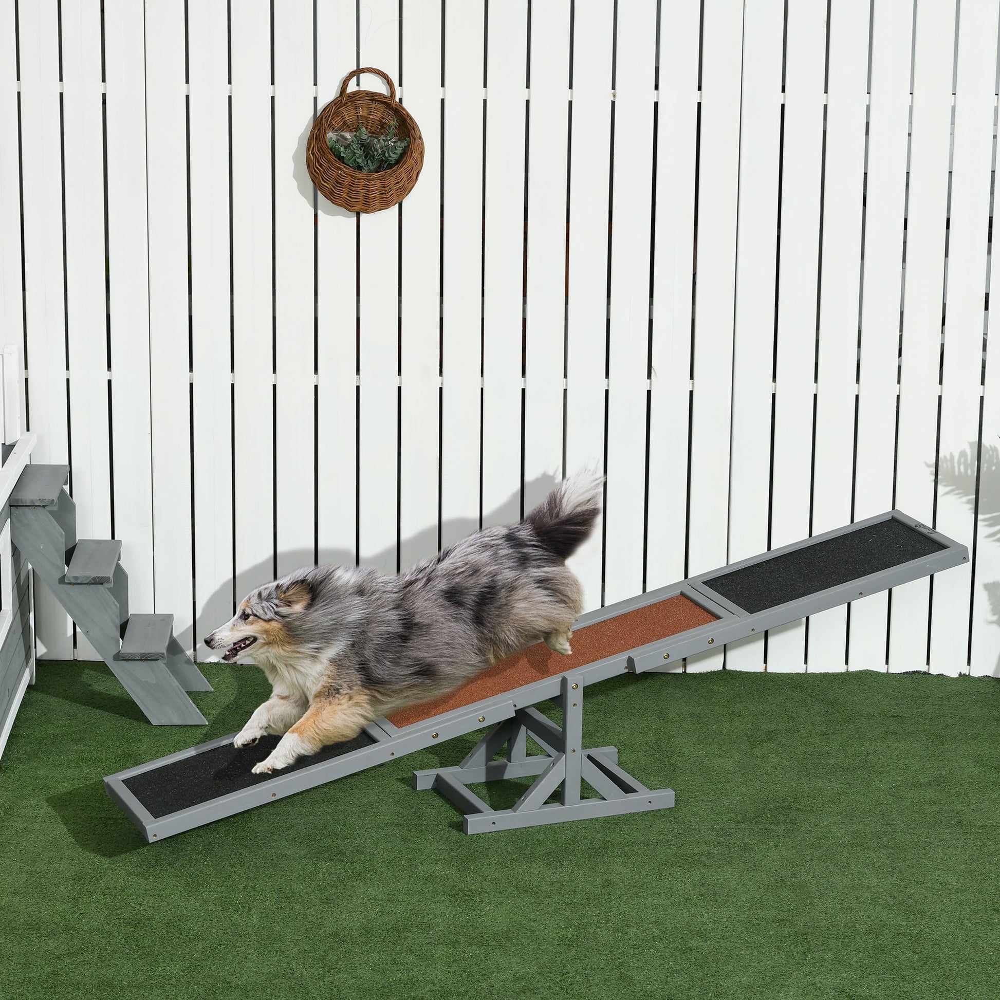 Wooden Pet Seesaw for Big Dogs, Agility Training Equipment for Dogs with Anti-Slip surface, 180 x 30 x 30cm - Grey