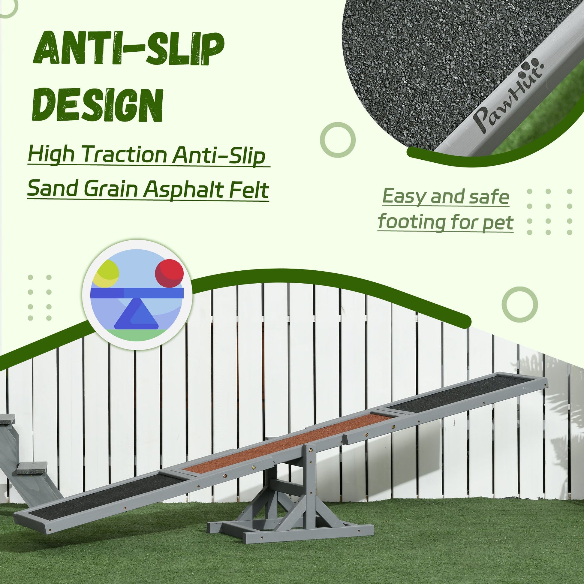 Wooden Pet Seesaw for Big Dogs, Agility Training Equipment for Dogs with Anti-Slip surface, 180 x 30 x 30cm - Grey