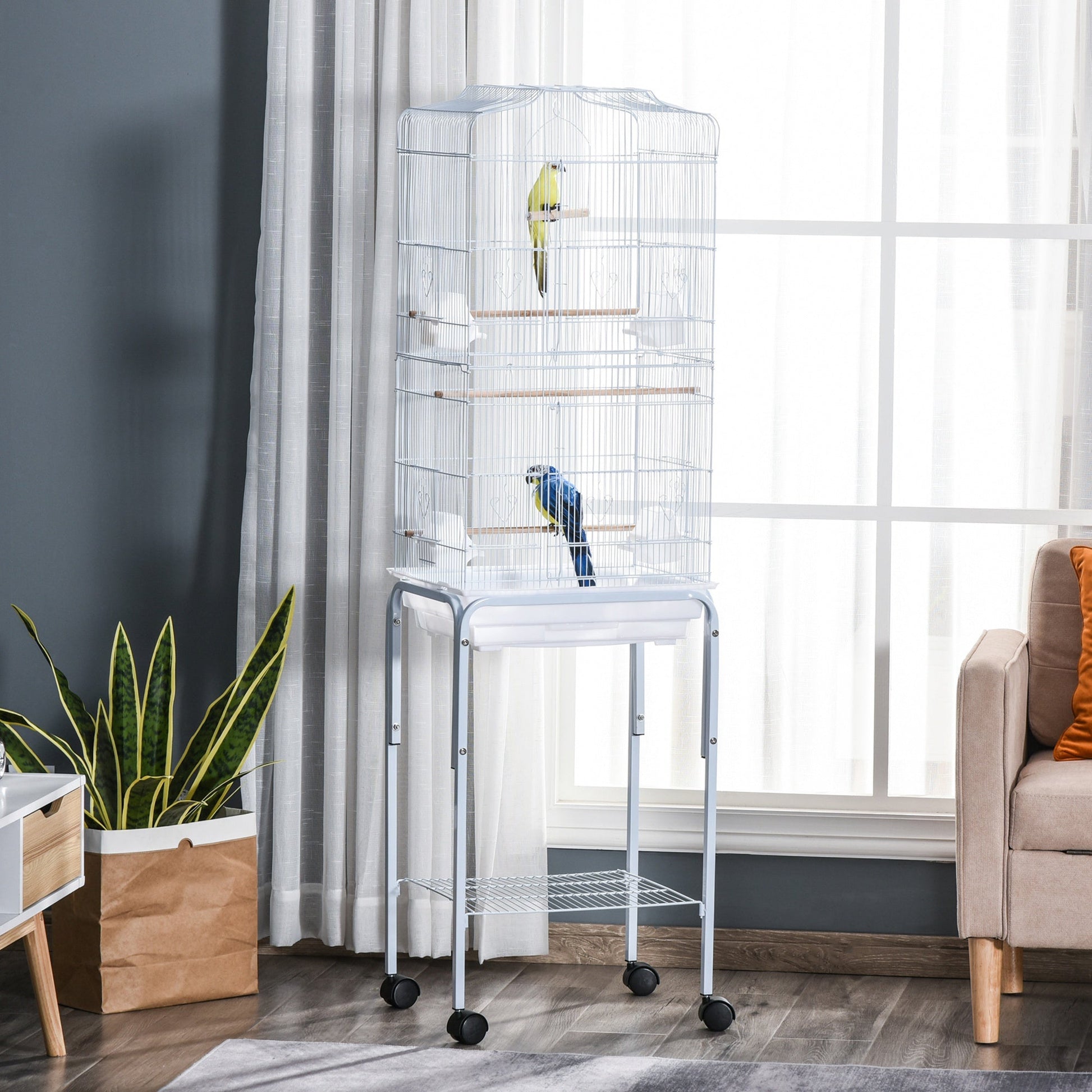 Bird Cage Budgie Cages for Finch Canary Parakeet with Stand Wheels Slide-out Tray Accessories Storage Shelf, White 46.5 x 36 x 157 cm