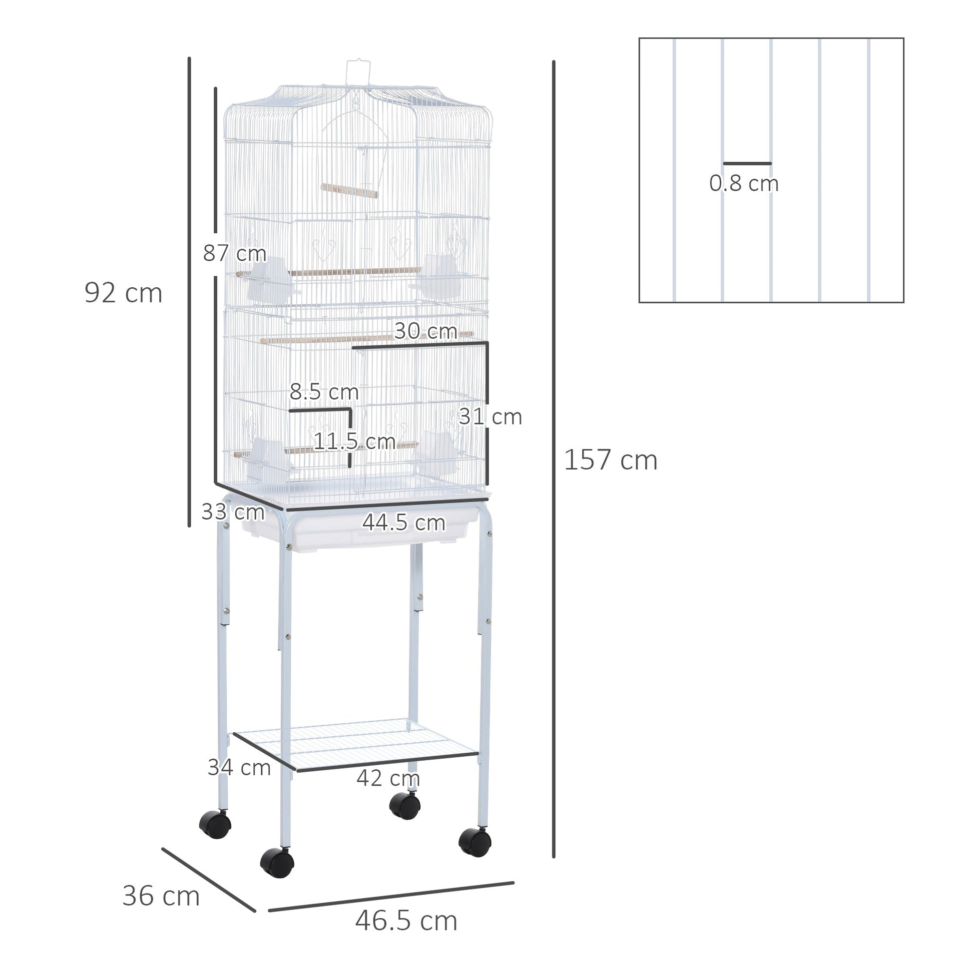 Bird Cage Budgie Cages for Finch Canary Parakeet with Stand Wheels Slide-out Tray Accessories Storage Shelf, White 46.5 x 36 x 157 cm