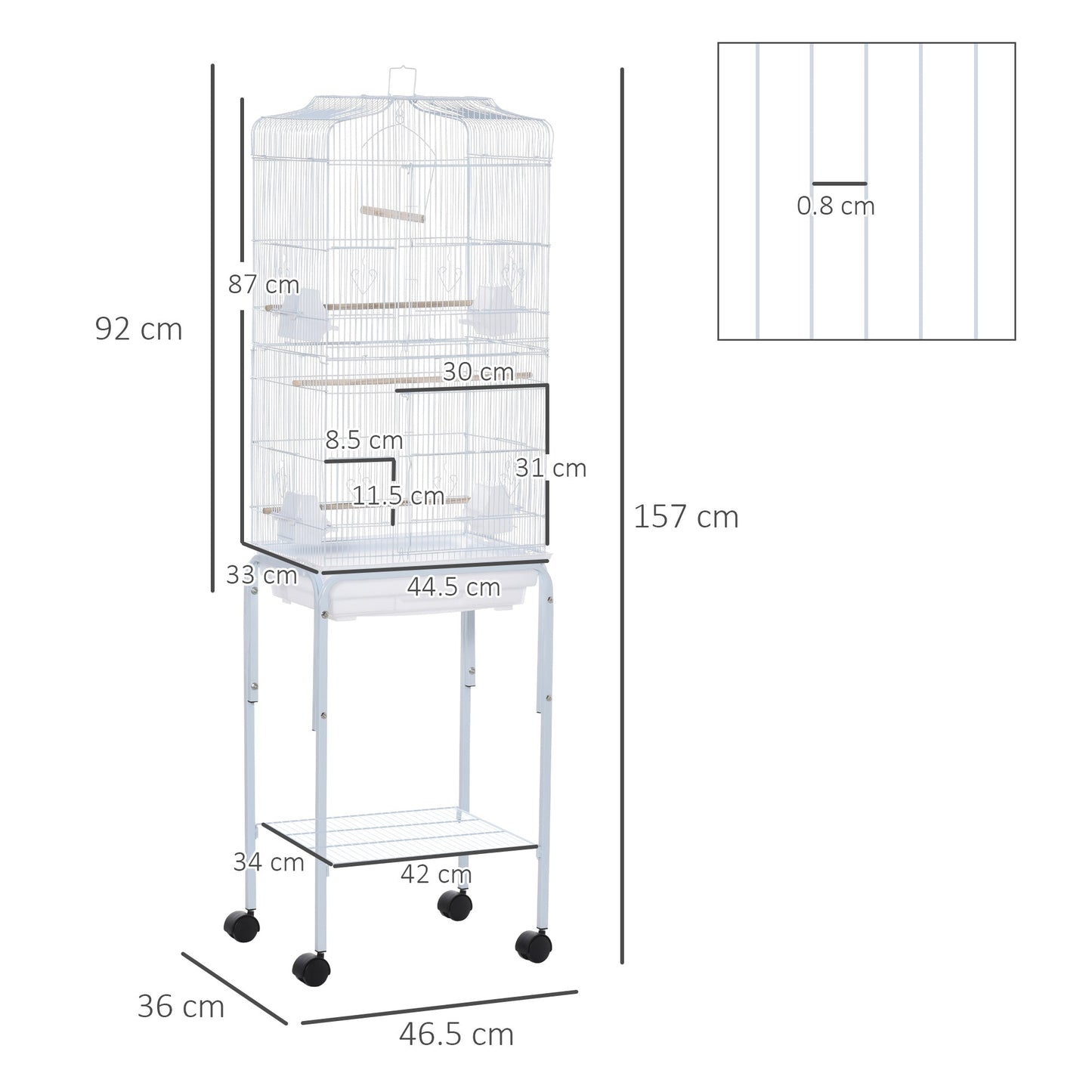 Bird Cage Budgie Cages for Finch Canary Parakeet with Stand Wheels Slide-out Tray Accessories Storage Shelf, White 46.5 x 36 x 157 cm