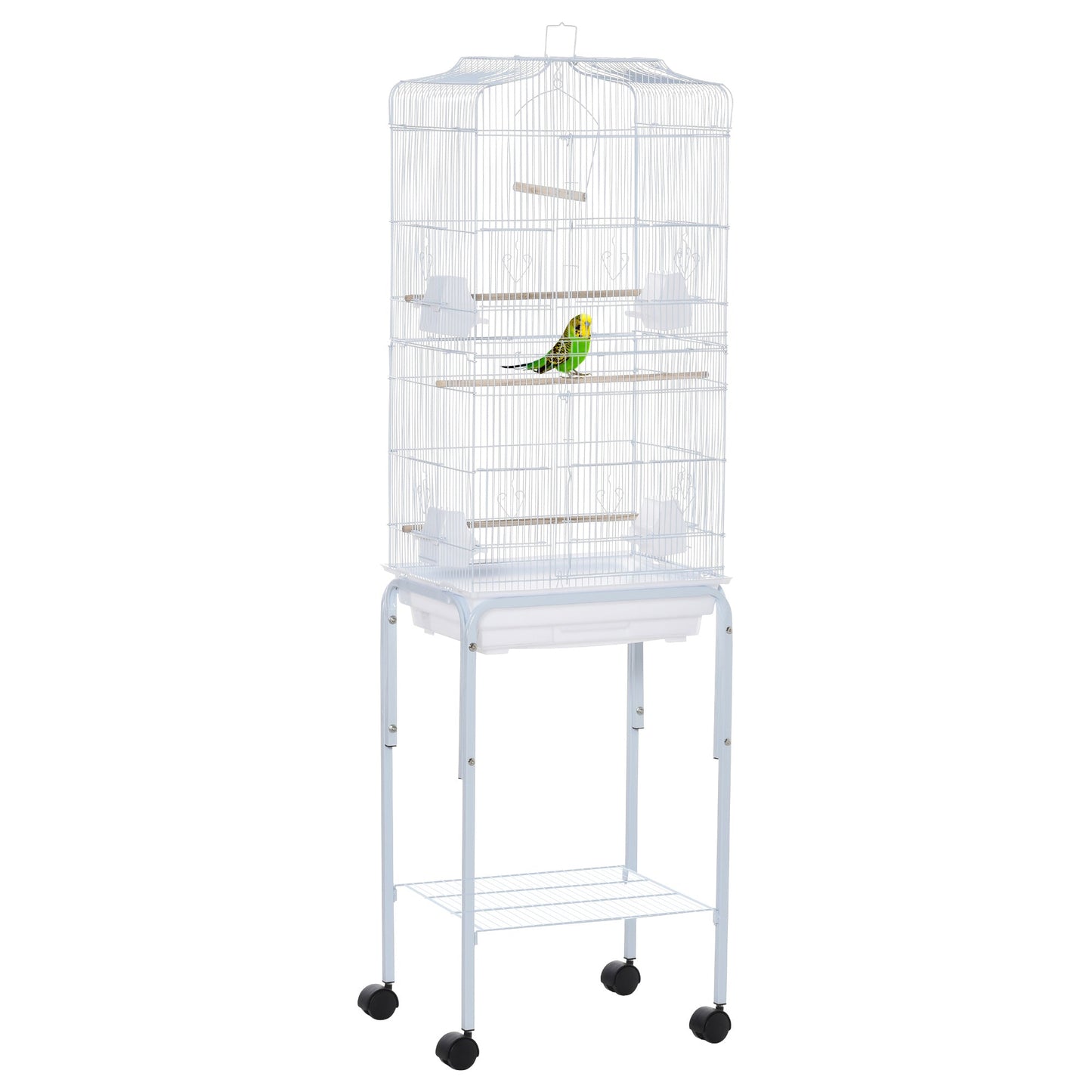 Bird Cage Budgie Cages for Finch Canary Parakeet with Stand Wheels Slide-out Tray Accessories Storage Shelf, White 46.5 x 36 x 157 cm