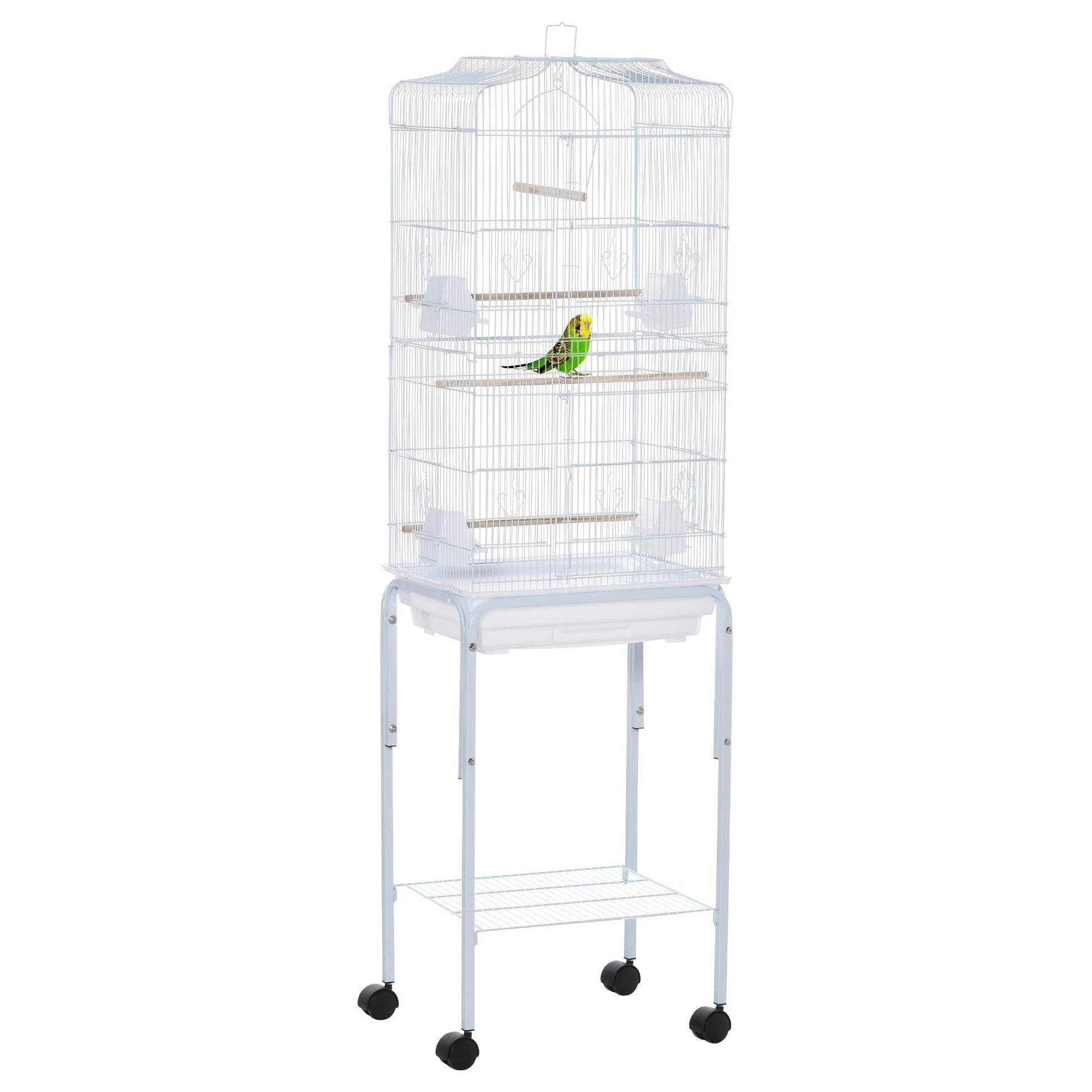 Bird Cage Budgie Cages for Finch Canary Parakeet with Stand Wheels Slide-out Tray Accessories Storage Shelf, White 46.5 x 36 x 157 cm