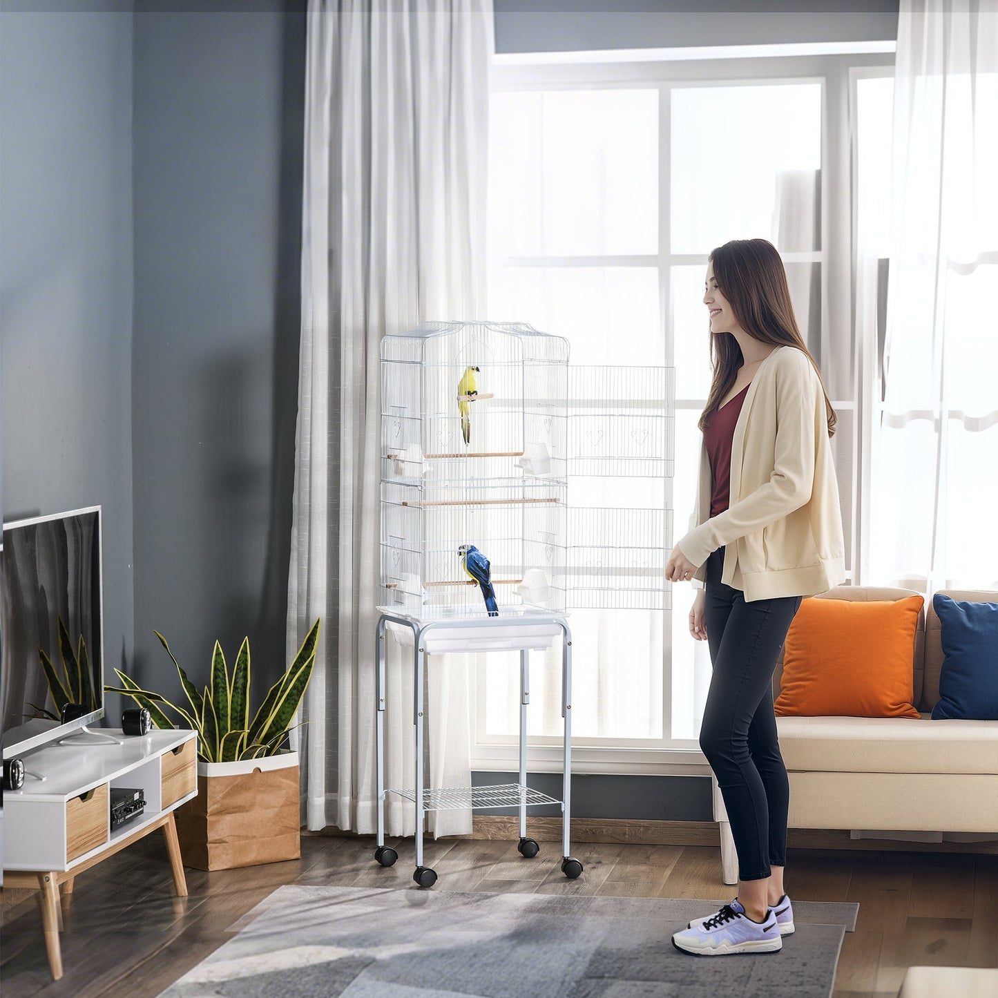 Bird Cage Budgie Cages for Finch Canary Parakeet with Stand Wheels Slide-out Tray Accessories Storage Shelf, White 46.5 x 36 x 157 cm