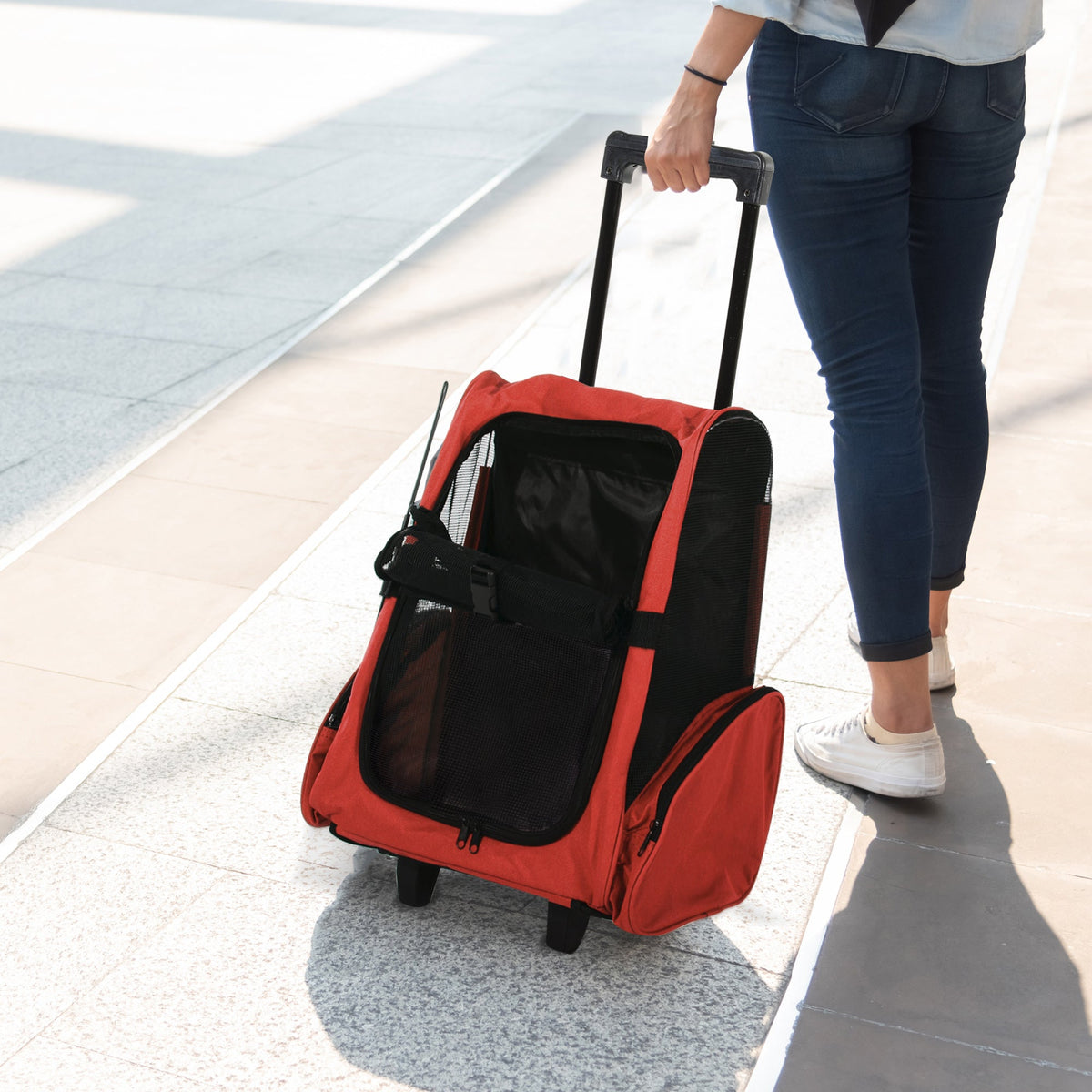 Pet Travel Backpack Bag Cat Puppy Dog Carrier w/ Trolley and Telescopic Handle Portable Stroller Wheel Luggage Bag (Red)