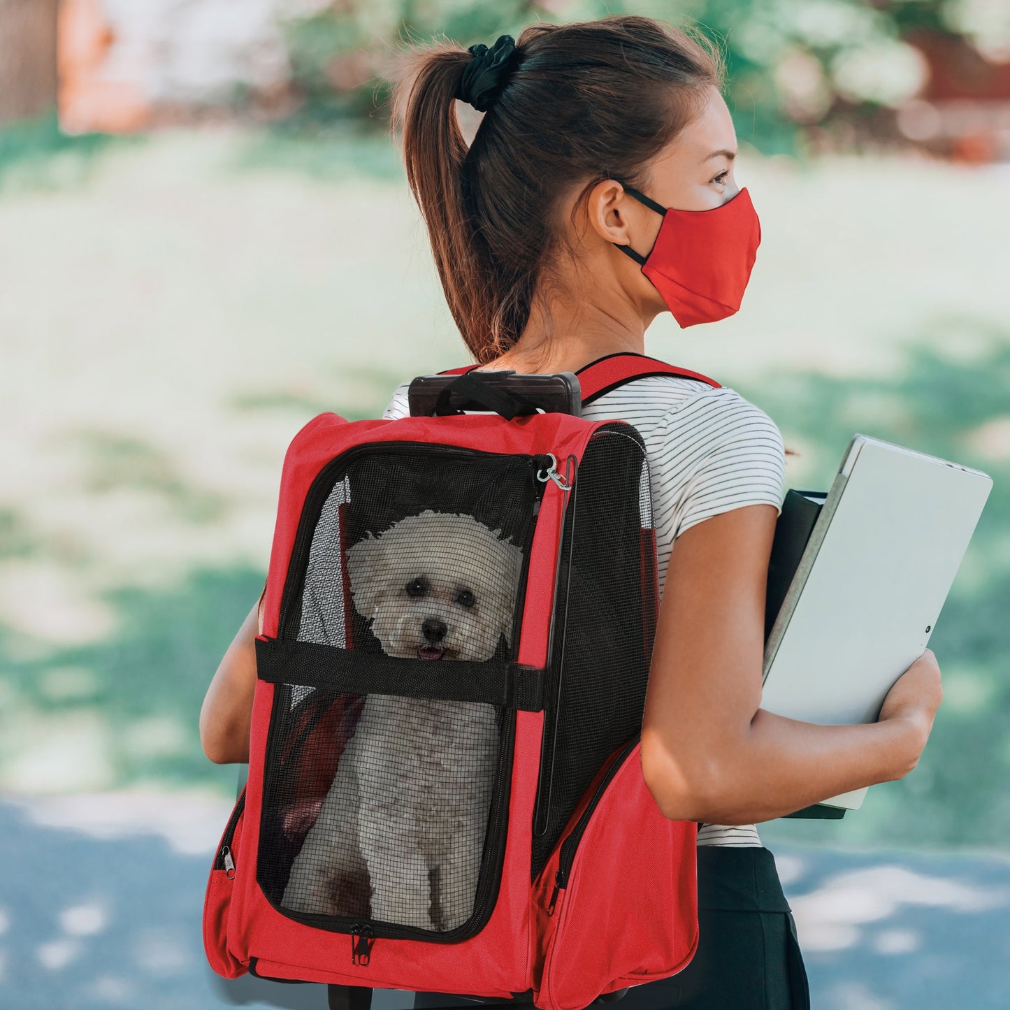 Pet Travel Backpack Bag Cat Puppy Dog Carrier w/ Trolley and Telescopic Handle Portable Stroller Wheel Luggage Bag (Red)