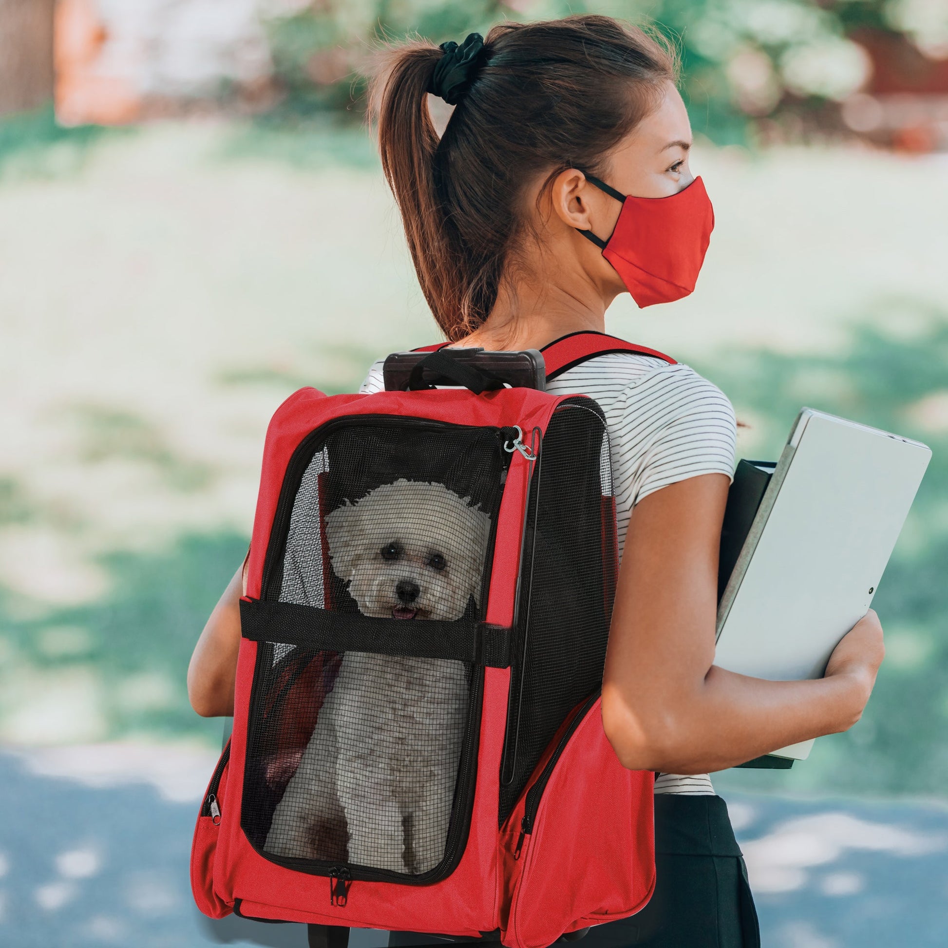 Pet Travel Backpack Bag Cat Puppy Dog Carrier w/ Trolley and Telescopic Handle Portable Stroller Wheel Luggage Bag (Red)