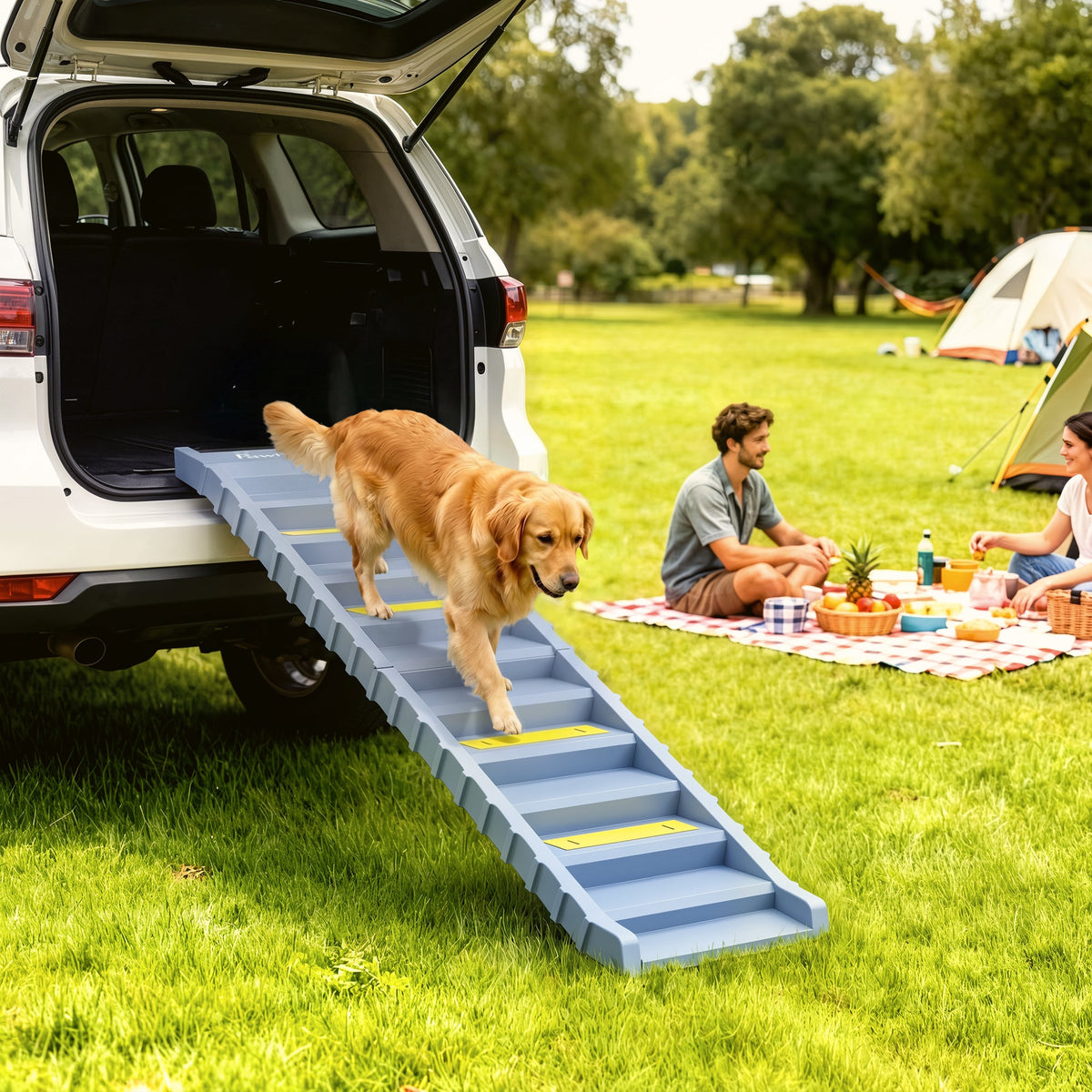 Foldable Dog Ramp for Cars High Bed, Portable 10-Step Dog Stairs with Non-Slip Strips & Pads, Lightweight Pet SUV Truck Steps, Support Up to 68 KG, Grey