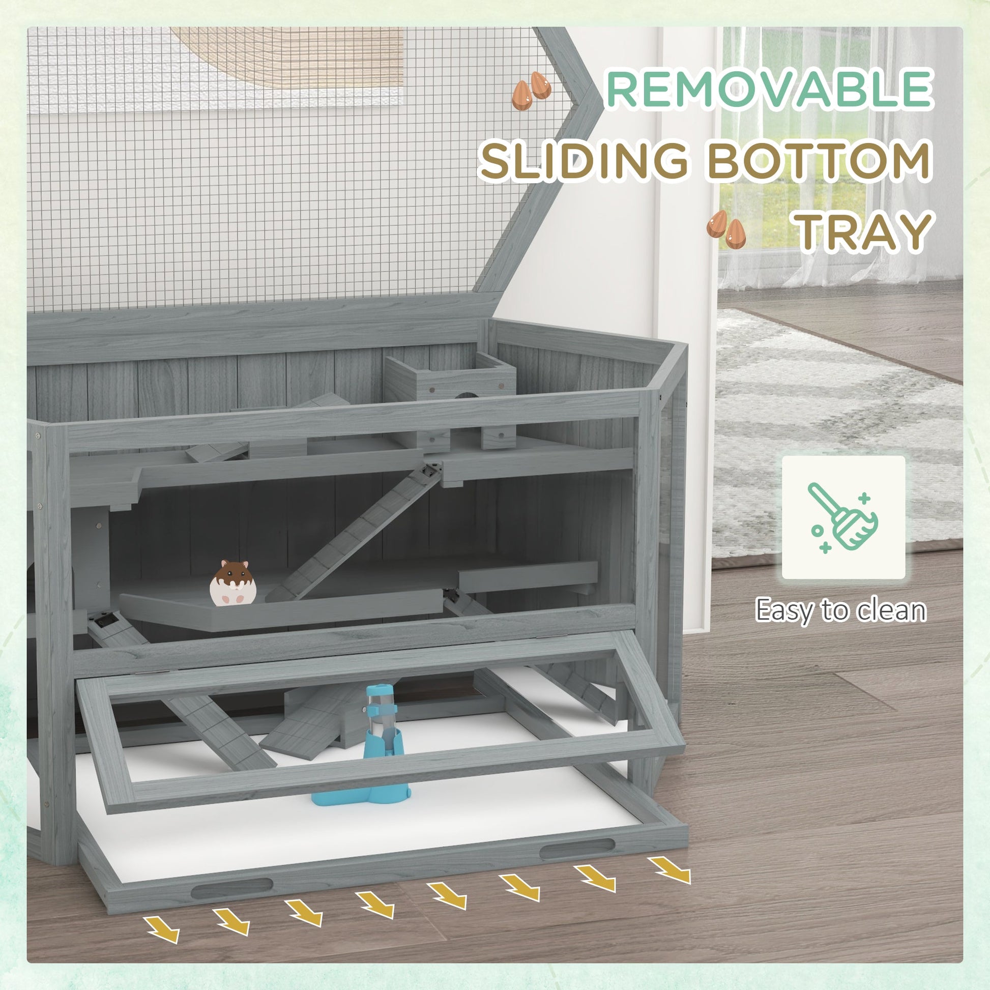 Wooden Large Hamster Cage Small Animal Exercise Play House 3 Tier with Sliding Tray, Seesaws, Water Bottle, Grey