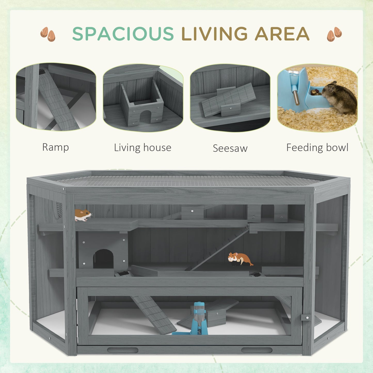 Wooden Large Hamster Cage Small Animal Exercise Play House 3 Tier with Sliding Tray, Seesaws, Water Bottle, Grey