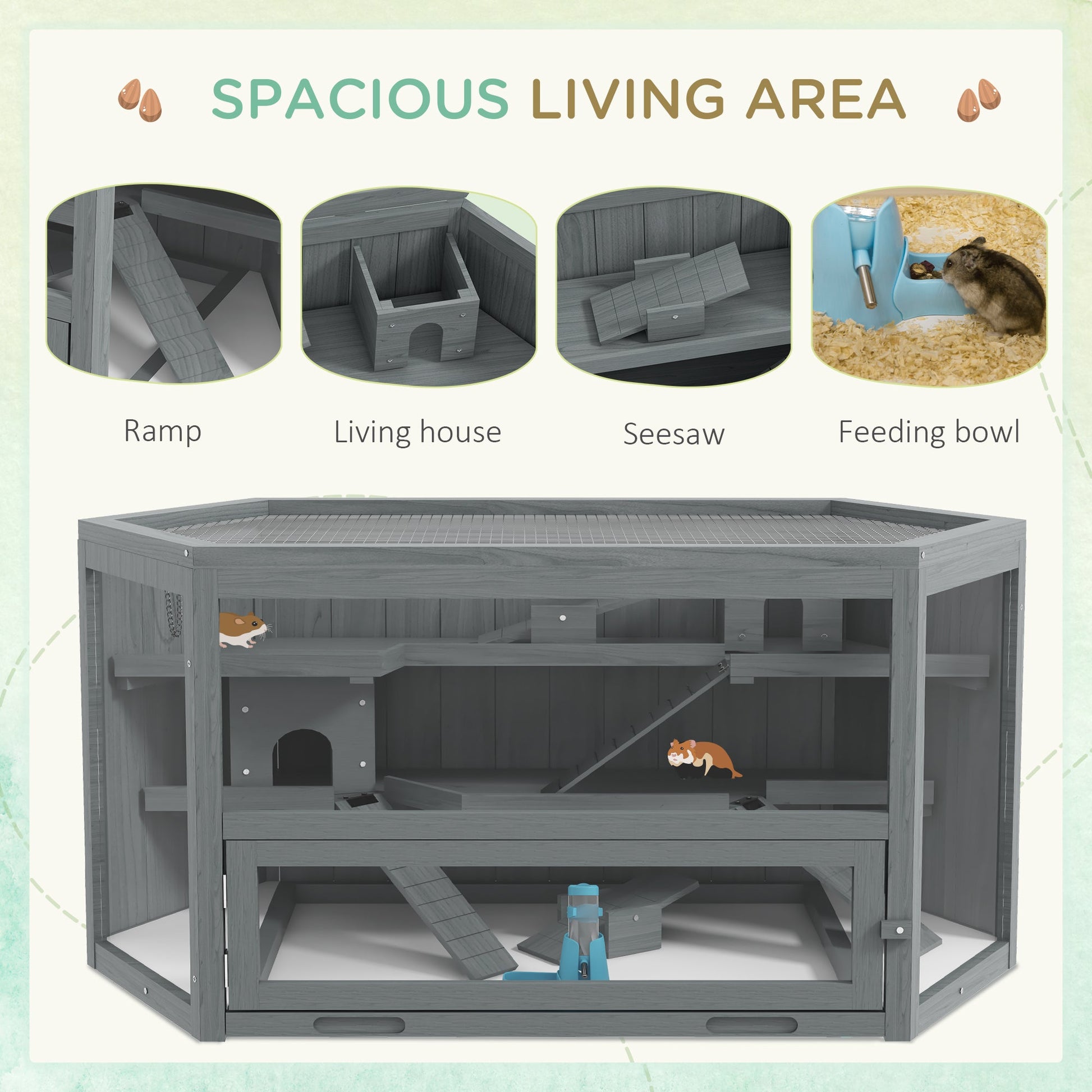 Wooden Large Hamster Cage Small Animal Exercise Play House 3 Tier with Sliding Tray, Seesaws, Water Bottle, Grey