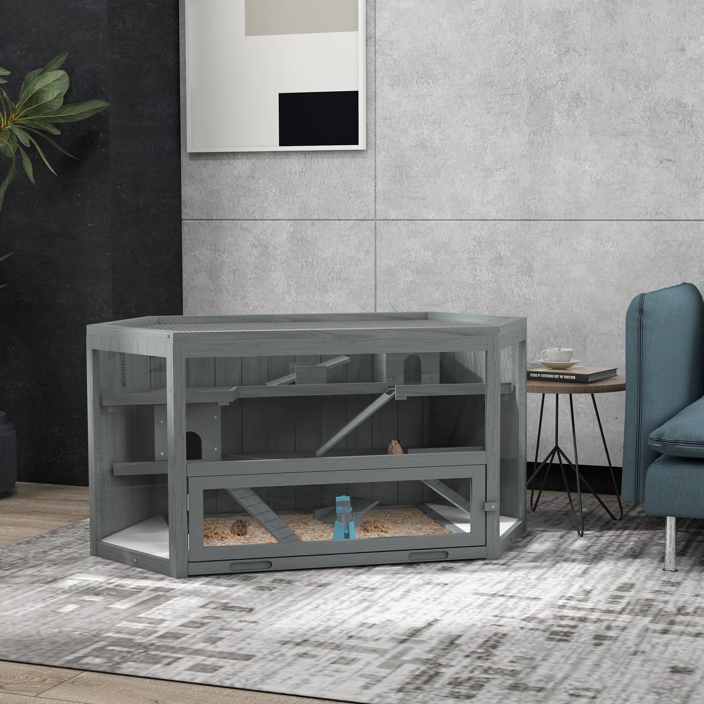 Wooden Large Hamster Cage Small Animal Exercise Play House 3 Tier with Sliding Tray, Seesaws, Water Bottle, Grey