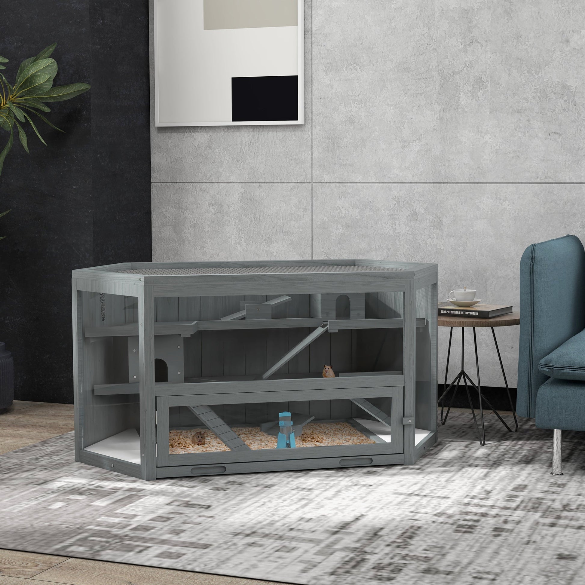 Wooden Large Hamster Cage Small Animal Exercise Play House 3 Tier with Sliding Tray, Seesaws, Water Bottle, Grey