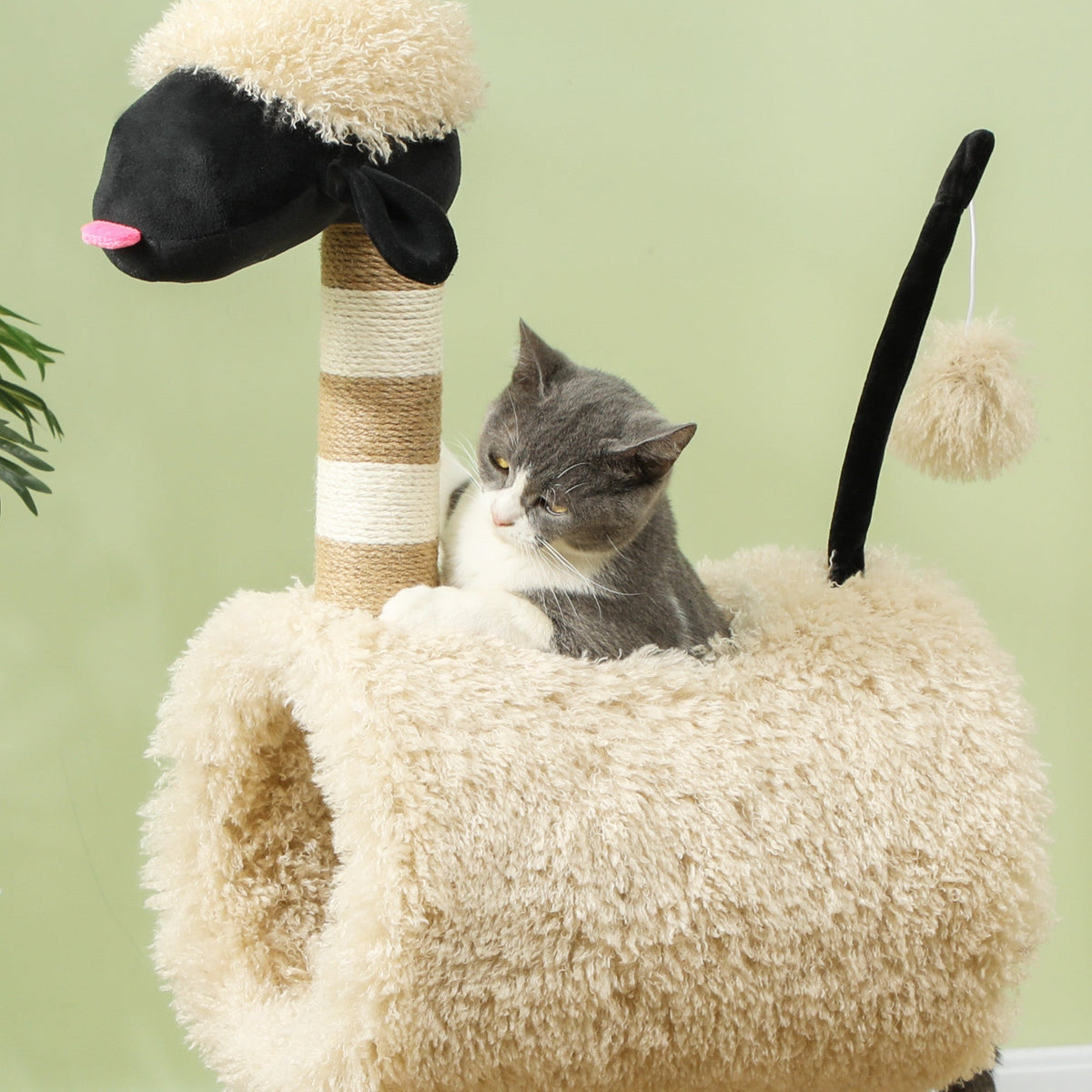 Cat Tree Sheep Design, 98 cm Multi-Level Cat Tower with Scratching Posts, Tunnel & Play Ball for Indoor Kitten Climbing, Playing, Relaxing, Easy Assembly, Light Brown
