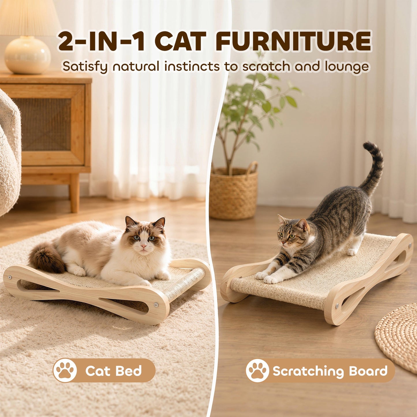 2 in 1 Sisal Cat Scratcher Bed, Pine Wood Cat Scratching Board and Lounger for Indoor Pets, Anti-Slip Pet Furniture, 60 x 35 x 13 cm, Cream White