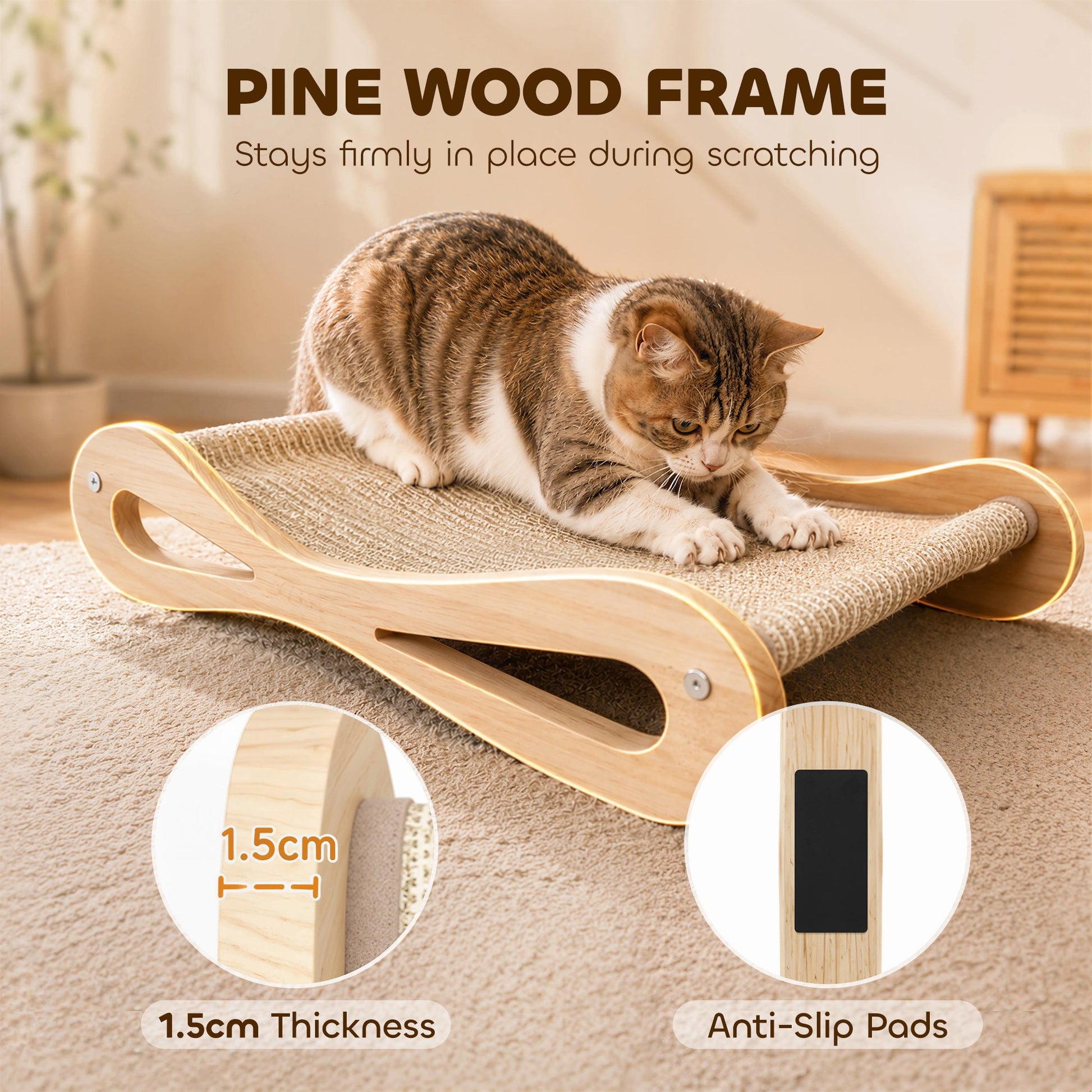 2 in 1 Sisal Cat Scratcher Bed, Pine Wood Cat Scratching Board and Lounger for Indoor Pets, Anti-Slip Pet Furniture, 60 x 35 x 13 cm, Cream White