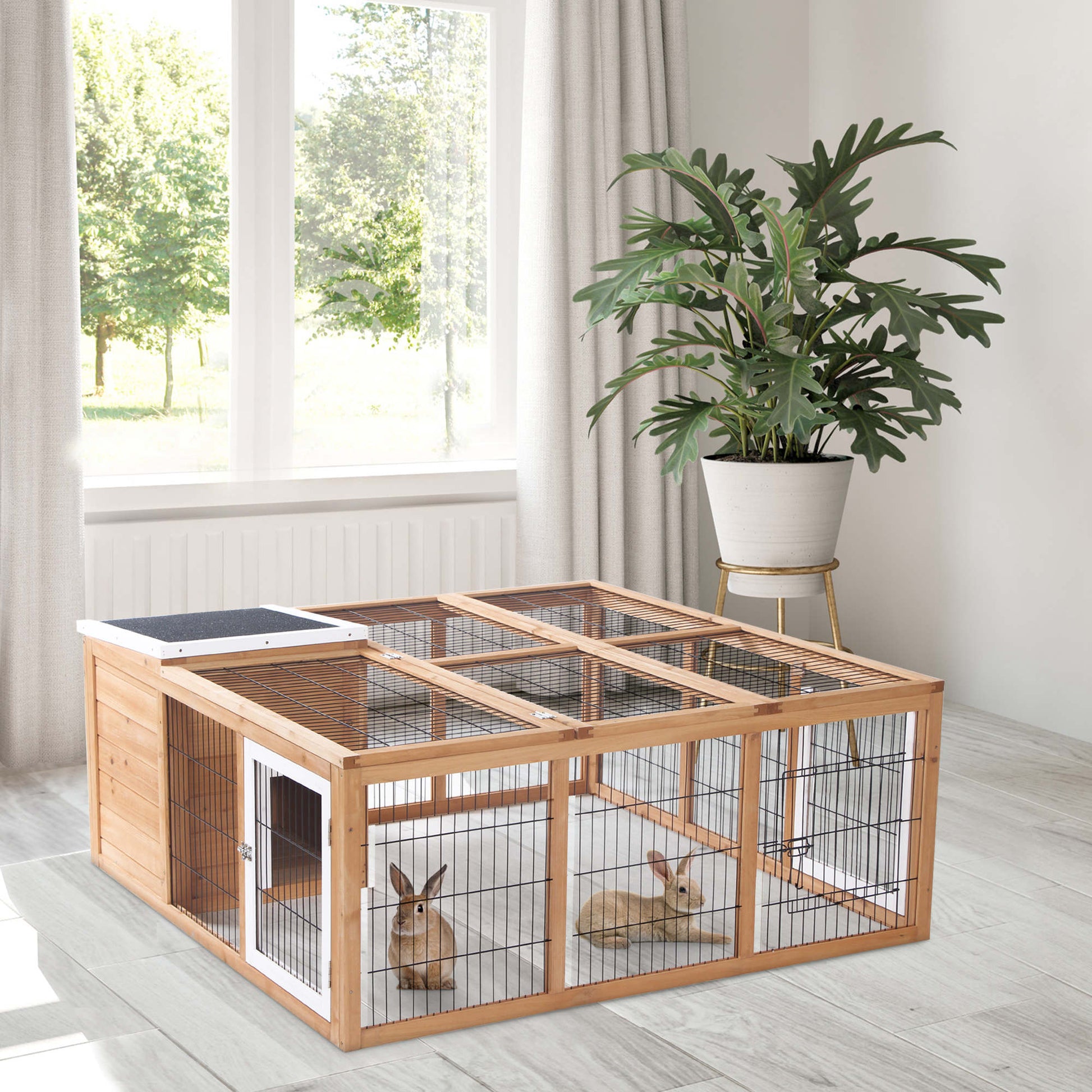 Rabbit Hutch Outdoor, Guinea Pig House, Bunny Run Cage with Openable Top for 1-2 Rabbits, 123 x 120 x 52cm, Yellow