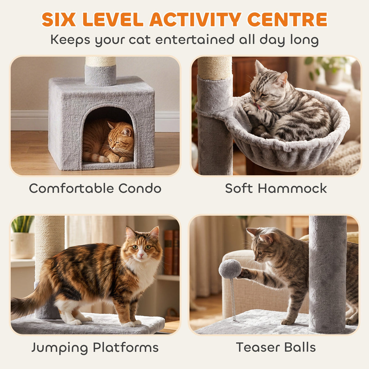 Floor to Ceiling Cat Tree, 230-250cm Multi-Level Cat Tower with Adjustable Height, Scratching Posts, Condo, Platforms and 3 Dangling Balls, Activity Tree for Indoor Kittens, Light Grey