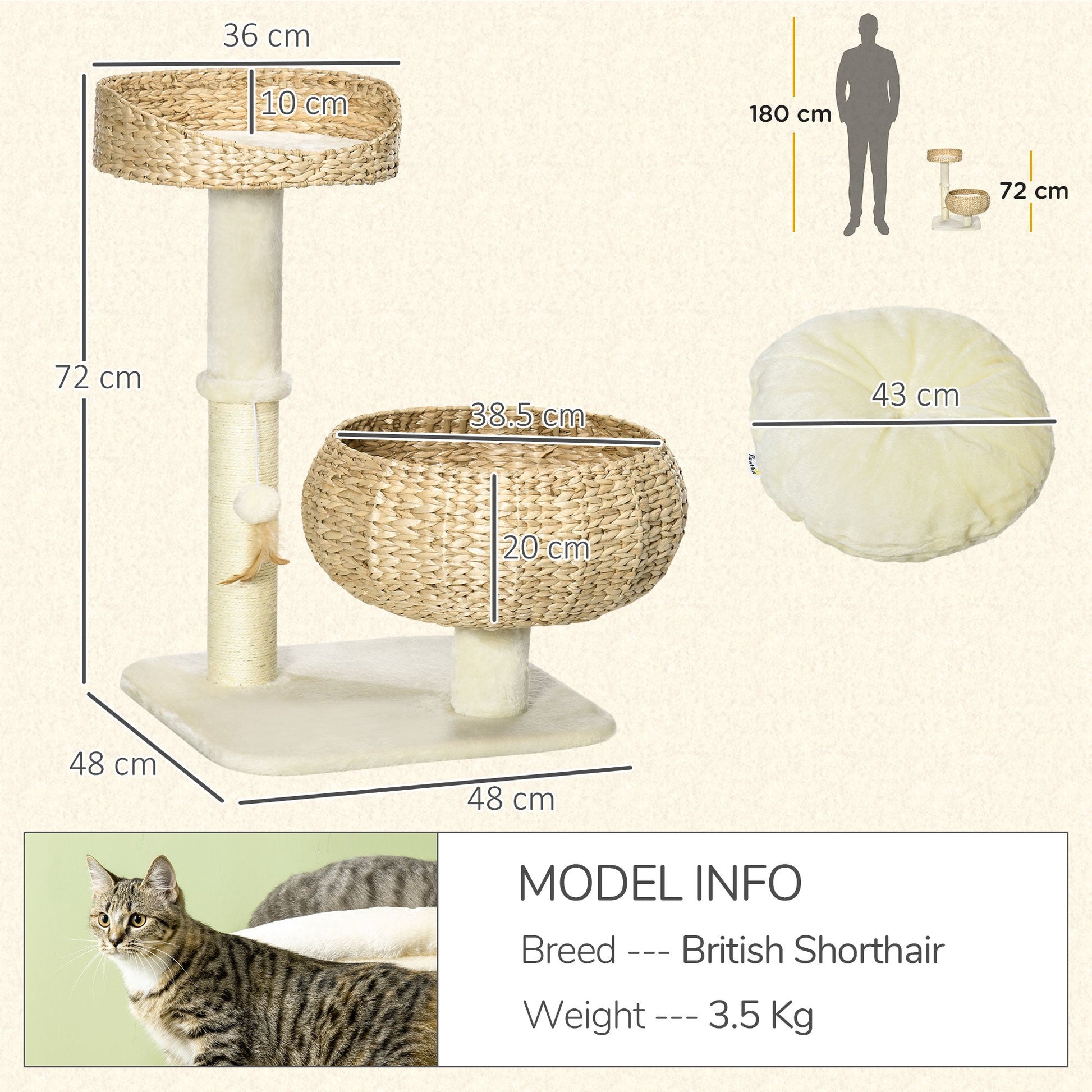 72cm Cat Tree with 2 Beds, Cat Tower with Scratching Post, Toy Ball for for Indoor Kittens - Beige