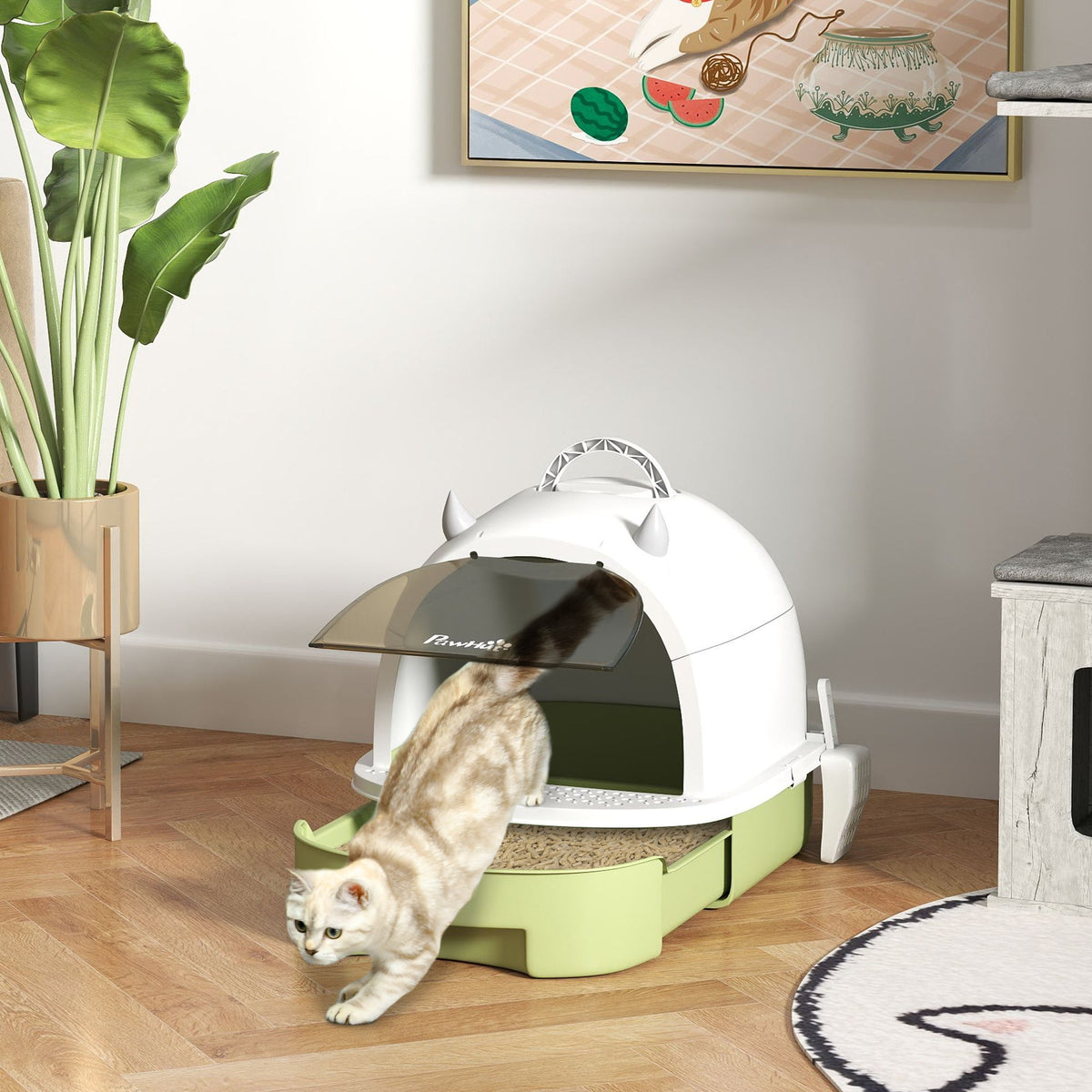 Cat Litter Tray with Lid, Enclosed Cat Litter Box with Pull-Out Drawer, Scoop, Deodorising Bags for Odour Control, Privacy, Portable, Easy to Clean, Green