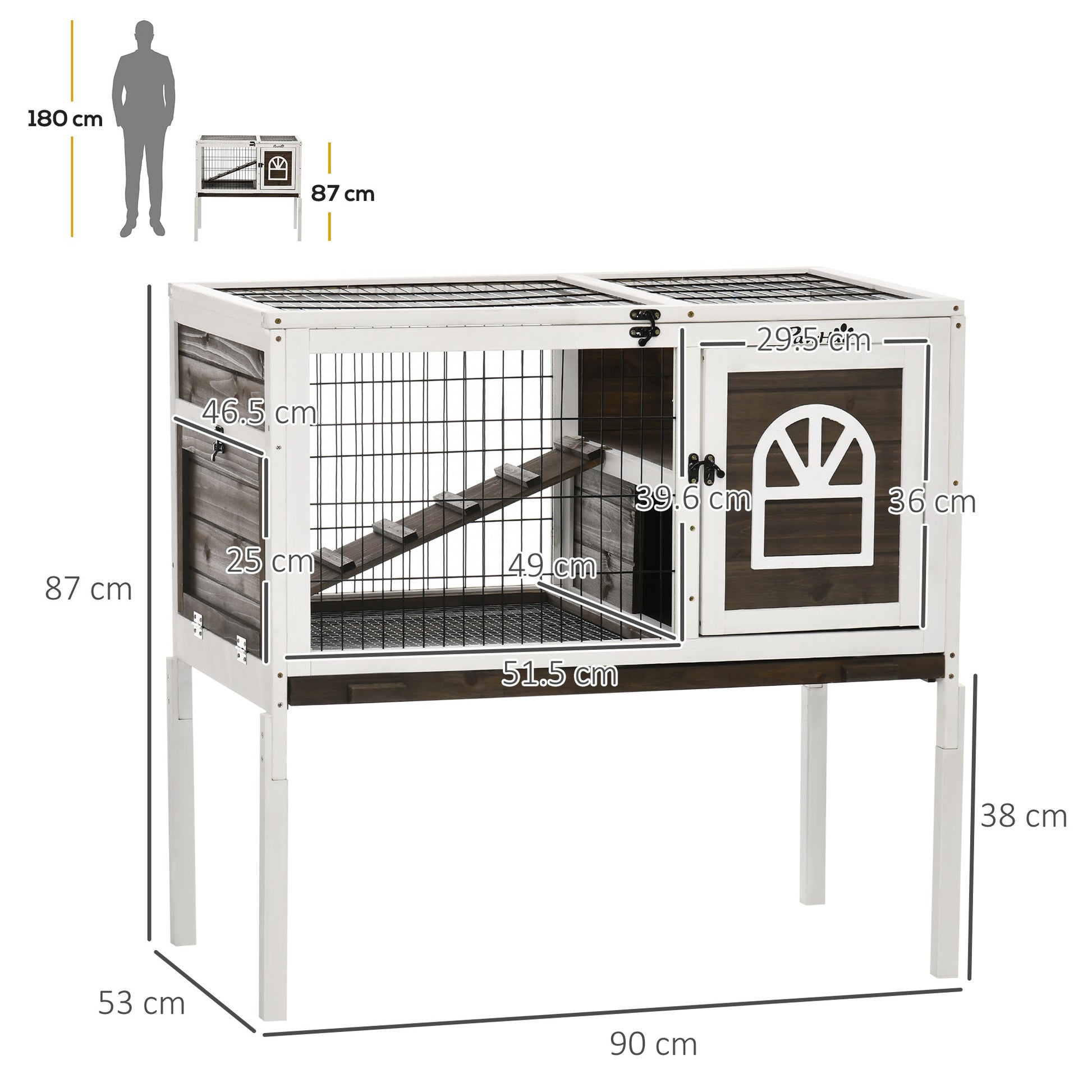 Wooden Rabbit Hutch, Elevated Guinea Pig Cage w/ Openable Roof, Ladder, Removable Tray, 90 x 53 x 87cm - Brown