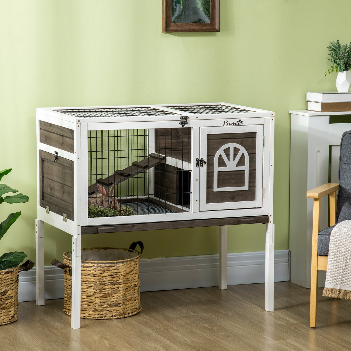 Wooden Rabbit Hutch, Elevated Guinea Pig Cage w/ Openable Roof, Ladder, Removable Tray, 90 x 53 x 87cm - Brown