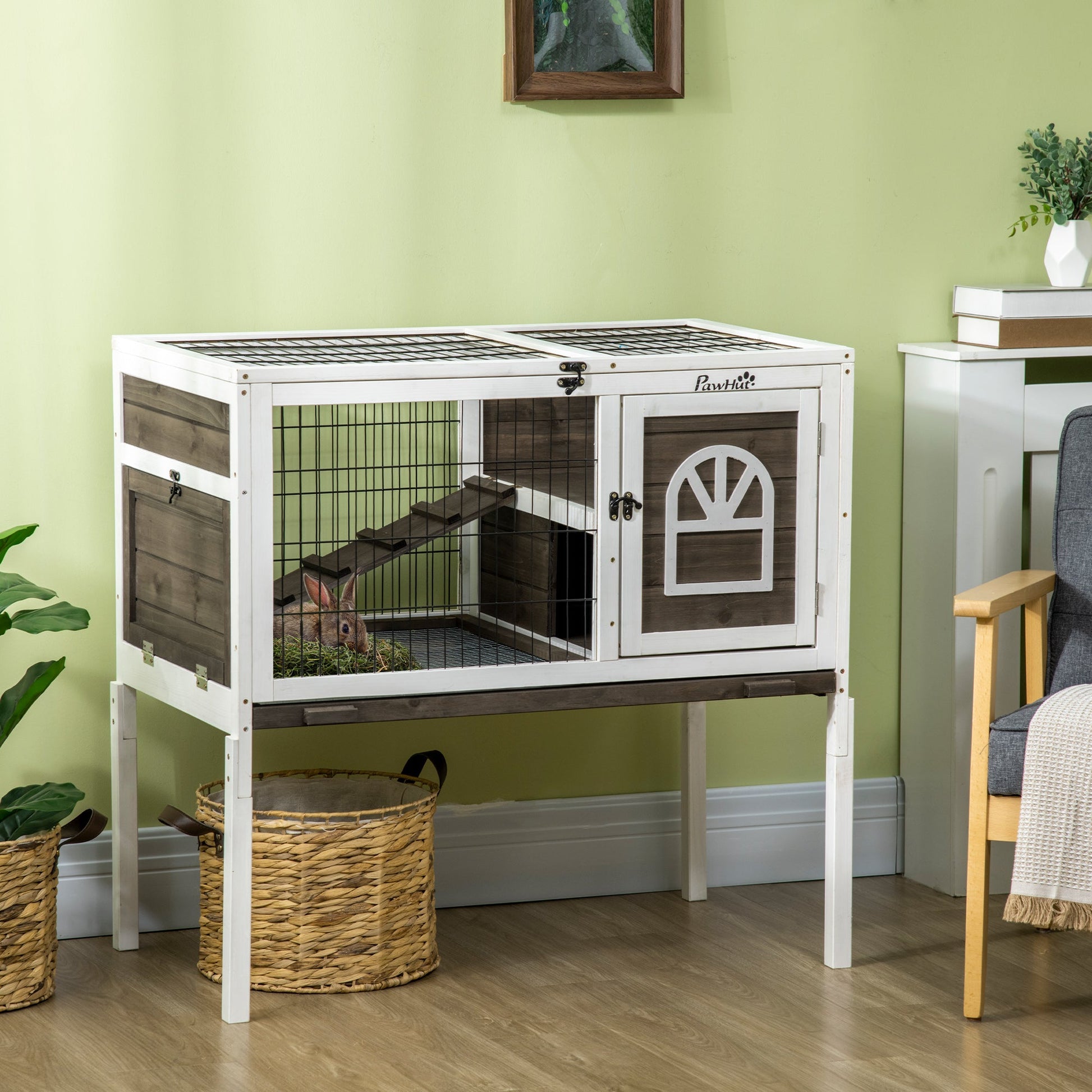 Wooden Rabbit Hutch, Elevated Guinea Pig Cage w/ Openable Roof, Ladder, Removable Tray, 90 x 53 x 87cm - Brown