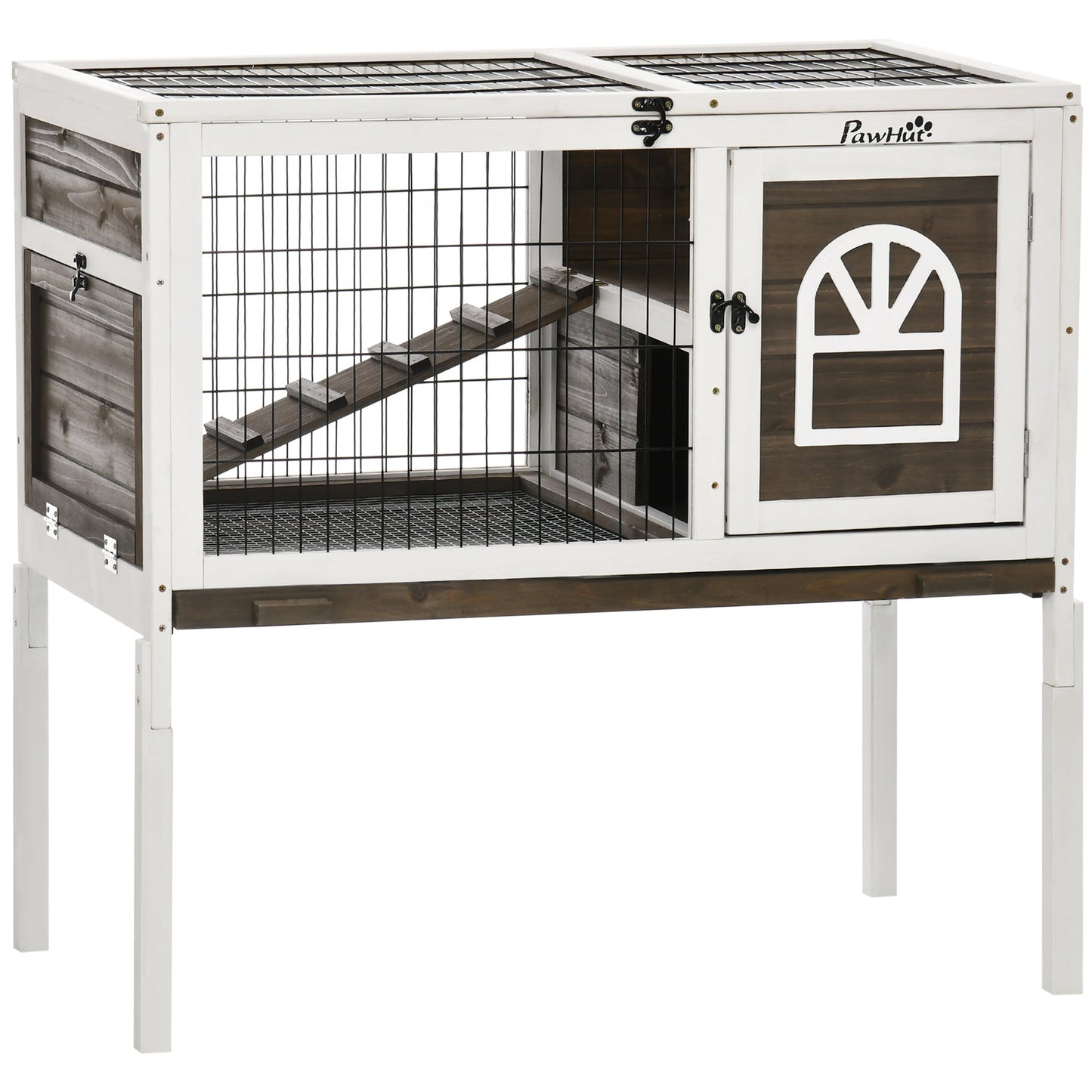 Wooden Rabbit Hutch, Elevated Guinea Pig Cage w/ Openable Roof, Ladder, Removable Tray, 90 x 53 x 87cm - Brown