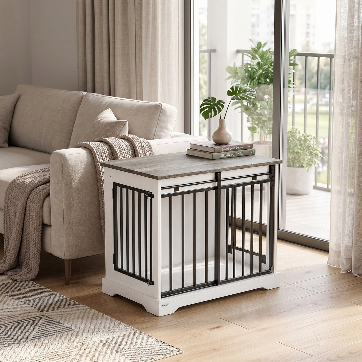Dog Crate Furniture, 80 cm Double Door Wooden Dog Crate with Sliding Barn Door, Indoor Kennel End Table for Medium Breeds, Anti-Chew Steel Puppy Cage, White