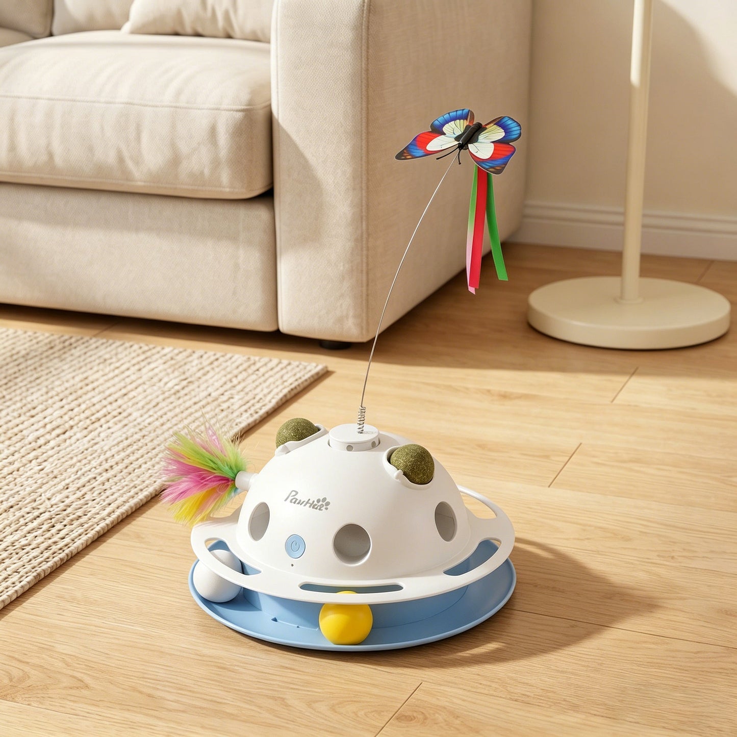 4-in-1 Interactive Cat Toys for Indoor Cats Adult, Automatic Smart Sensing Kitten Toy with Spinning Butterfly, Shooting Feathers & Catnip Balls, Dual Power Mode for Boredom Relief