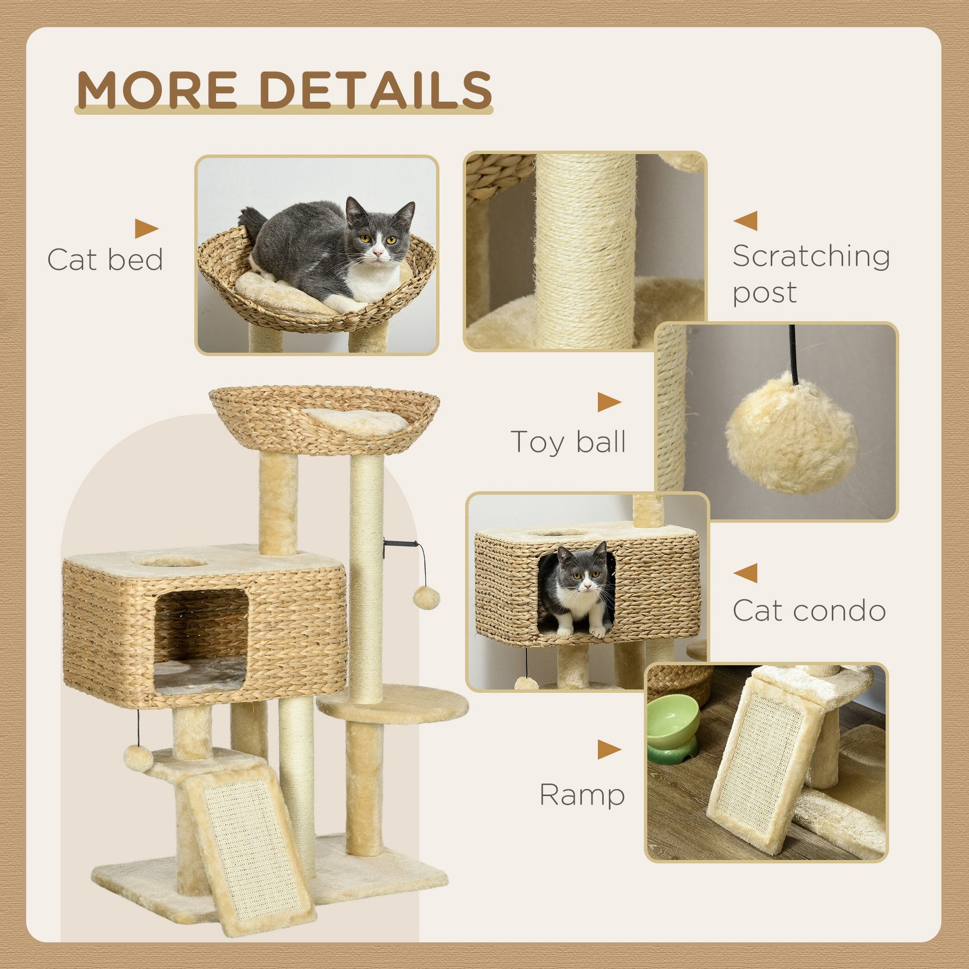 95cm Cat Tree for Indoor Cats, Cat Tower with Scratching Posts, Ramp, Condo, Toy Balls, Platform, Bed, Ramp - Beige