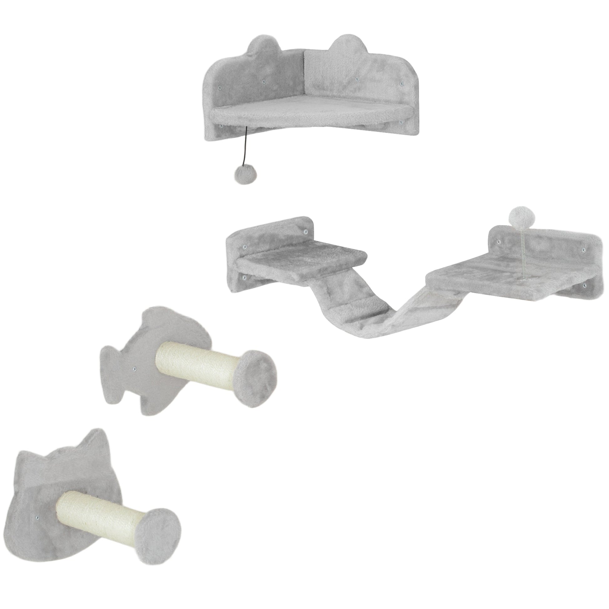 Cat Wall Shelves, 4 Piece Wall-Mounted Cat Tree with Steps, Ladder, Jumping Platforms, Scratching Posts, Toy Ball, Cat Wall Furniture for Indoor Cats, Light Grey