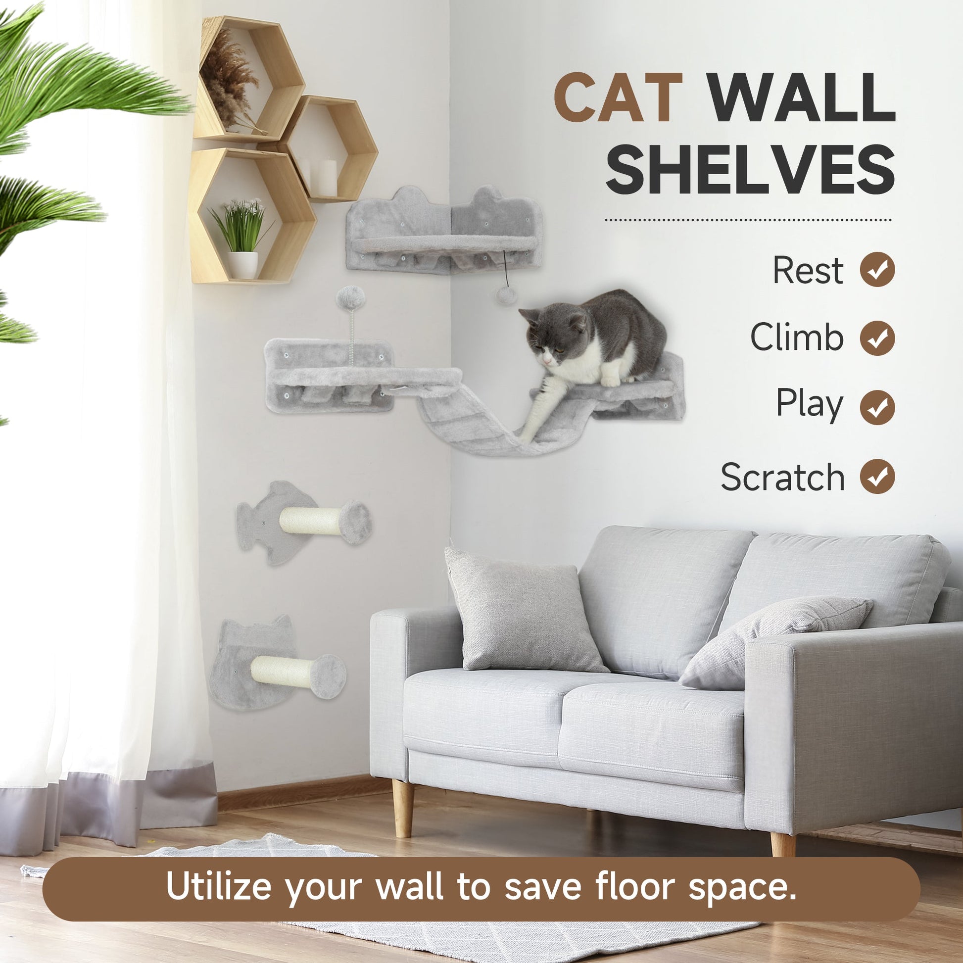 Cat Wall Shelves, 4 Piece Wall-Mounted Cat Tree with Steps, Ladder, Jumping Platforms, Scratching Posts, Toy Ball, Cat Wall Furniture for Indoor Cats, Light Grey