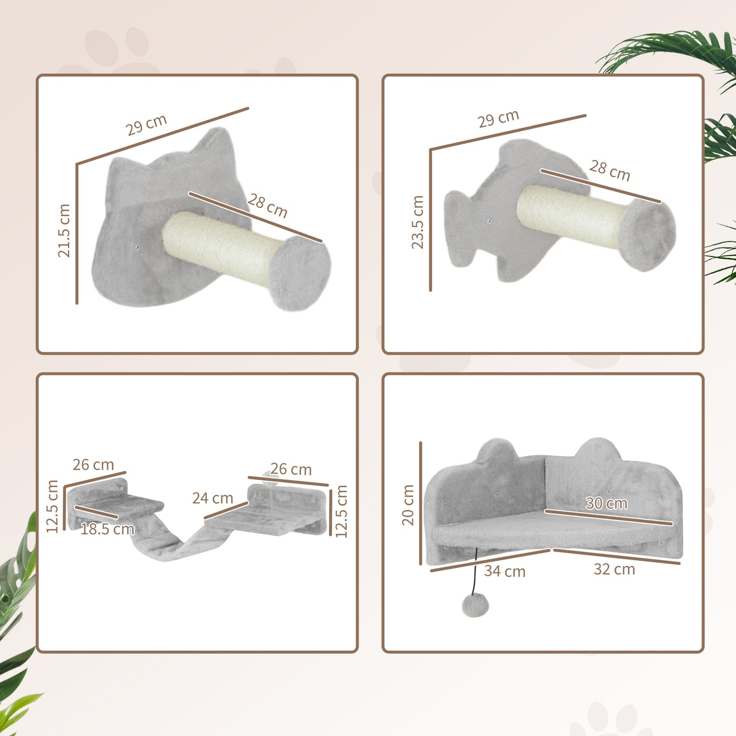 Cat Wall Shelves, 4 Piece Wall-Mounted Cat Tree with Steps, Ladder, Jumping Platforms, Scratching Posts, Toy Ball, Cat Wall Furniture for Indoor Cats, Light Grey