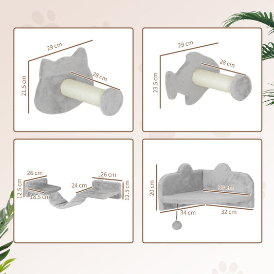 Cat Wall Shelves, 4 Piece Wall-Mounted Cat Tree with Steps, Ladder, Jumping Platforms, Scratching Posts, Toy Ball, Cat Wall Furniture for Indoor Cats, Light Grey