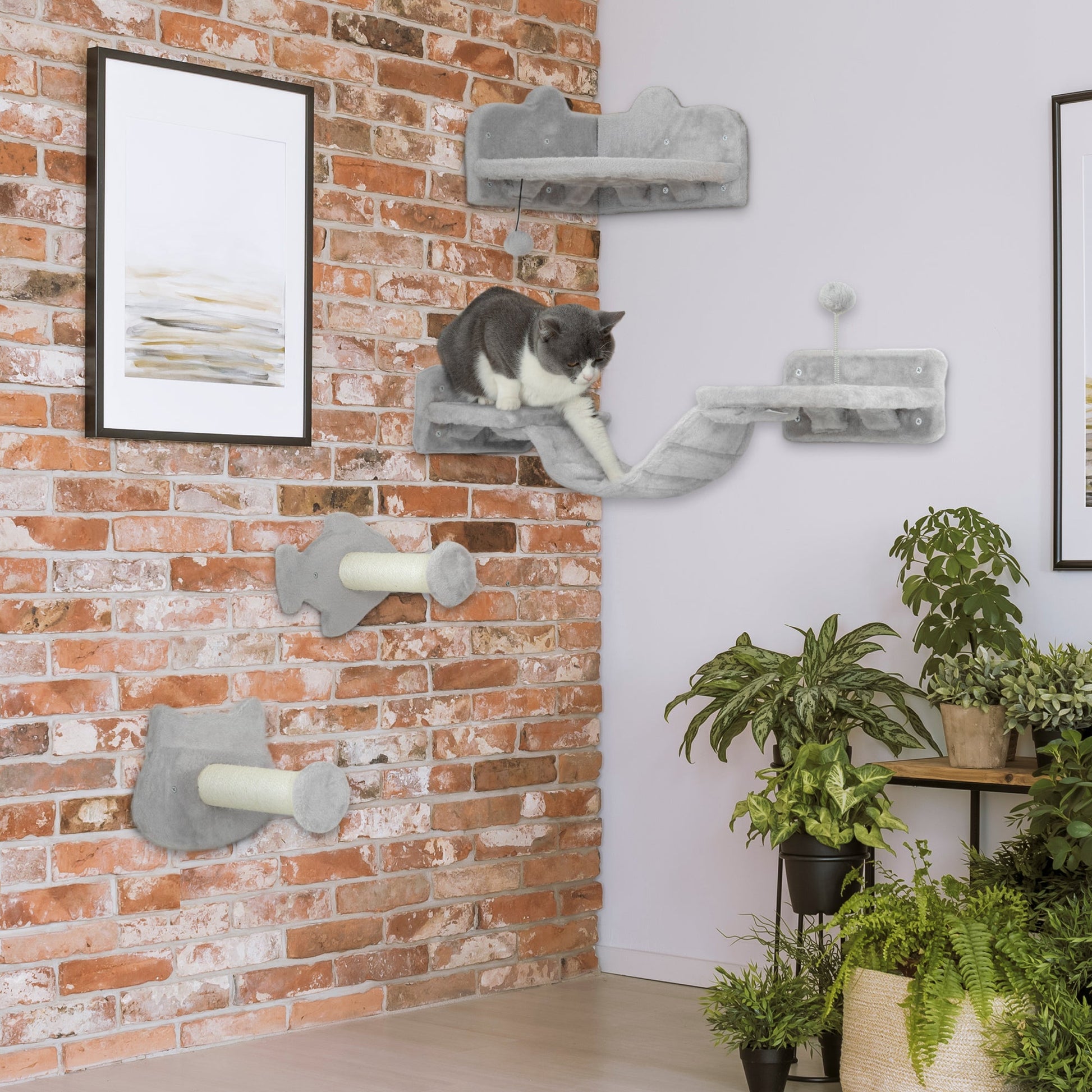 Cat Wall Shelves, 4 Piece Wall-Mounted Cat Tree with Steps, Ladder, Jumping Platforms, Scratching Posts, Toy Ball, Cat Wall Furniture for Indoor Cats, Light Grey